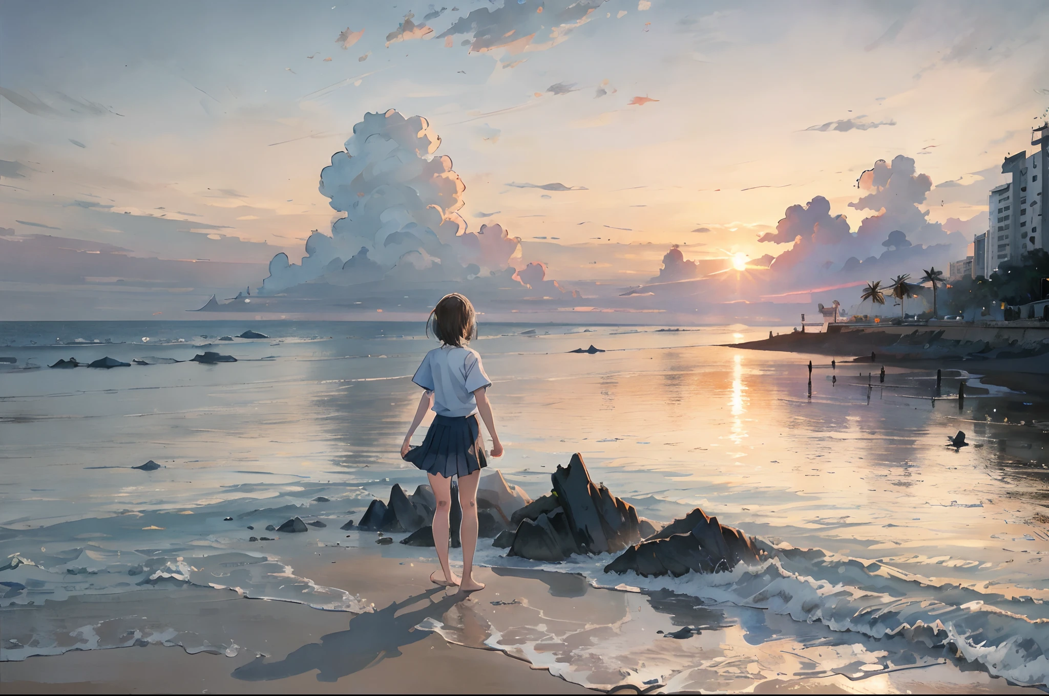1girl, skirt, short sleeves, barefoot, standing, back view, beach, sunset, cool tones, clouds, cityscape, rising sun, best quality, masterpiece, extremely detailed