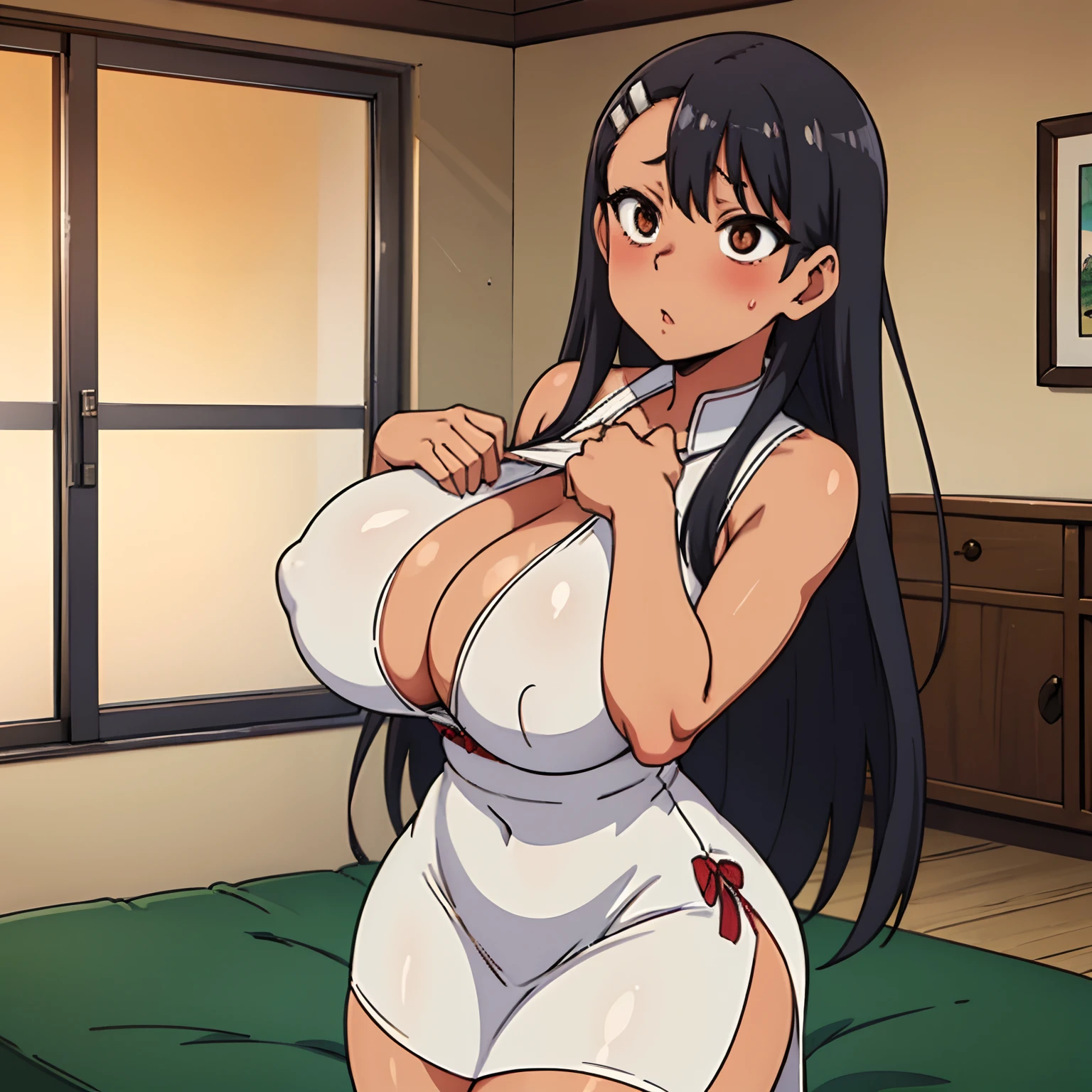 HayaseNagatoro,Nagatoro Hayase, pear figure, tan lines, qipao dress, massive chest, massive thighs, gigantic breasts, huge breasts ,large breasts, cleavage, qipao dress