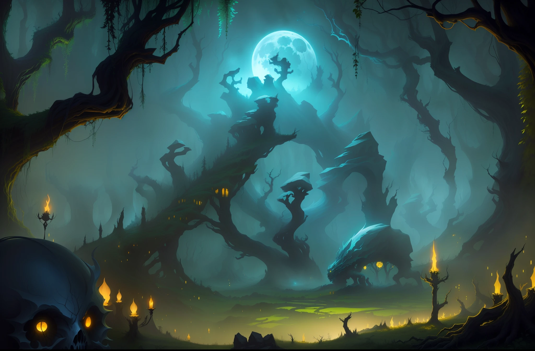 There is a painting,The painting is a creepy forest,There is a full moon above, moonlit forest environment, concept art of a dark forest, scary magical background, fantasy forest landscape, elf forest background, background artwork, fantasy forest background, fantasy forest environment, Spooky forest, Strange alien forest, mysterious and scary forest, an ominous fantasy illustration, Detailed digital 2D fantasy art