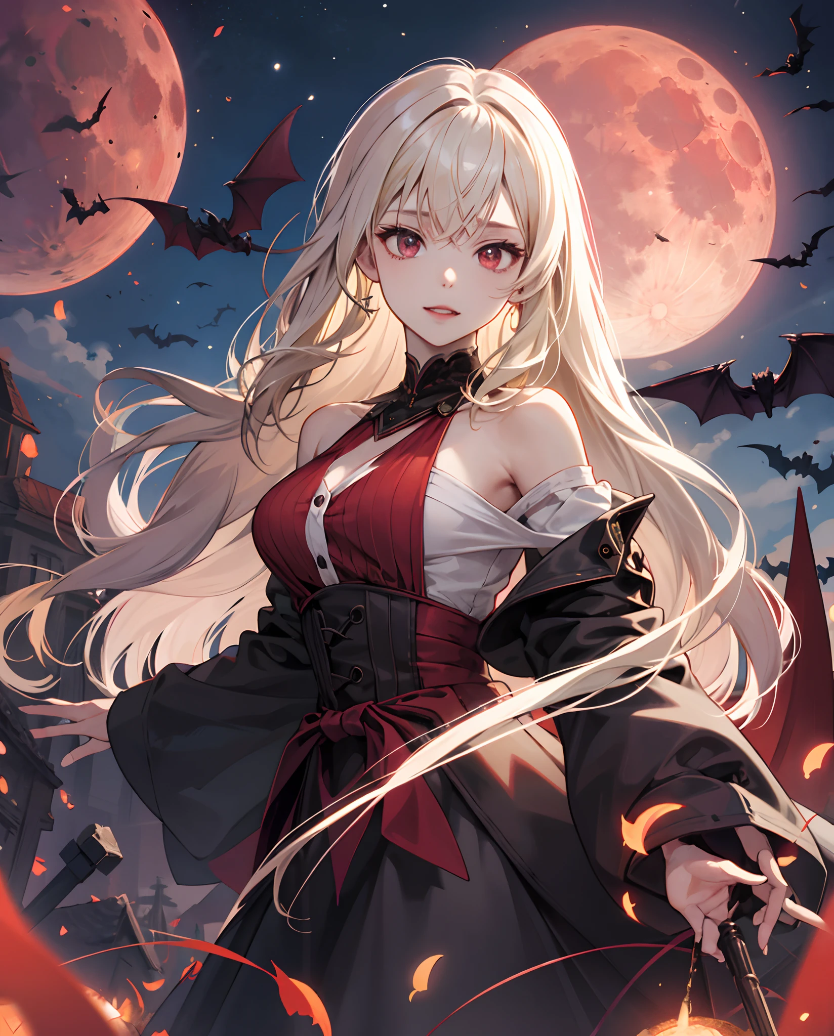 the bats、girl with、doress、Red Moon、Blonde Long、Red Moon、、vampire、doress、off shoulders、midnight、white hair