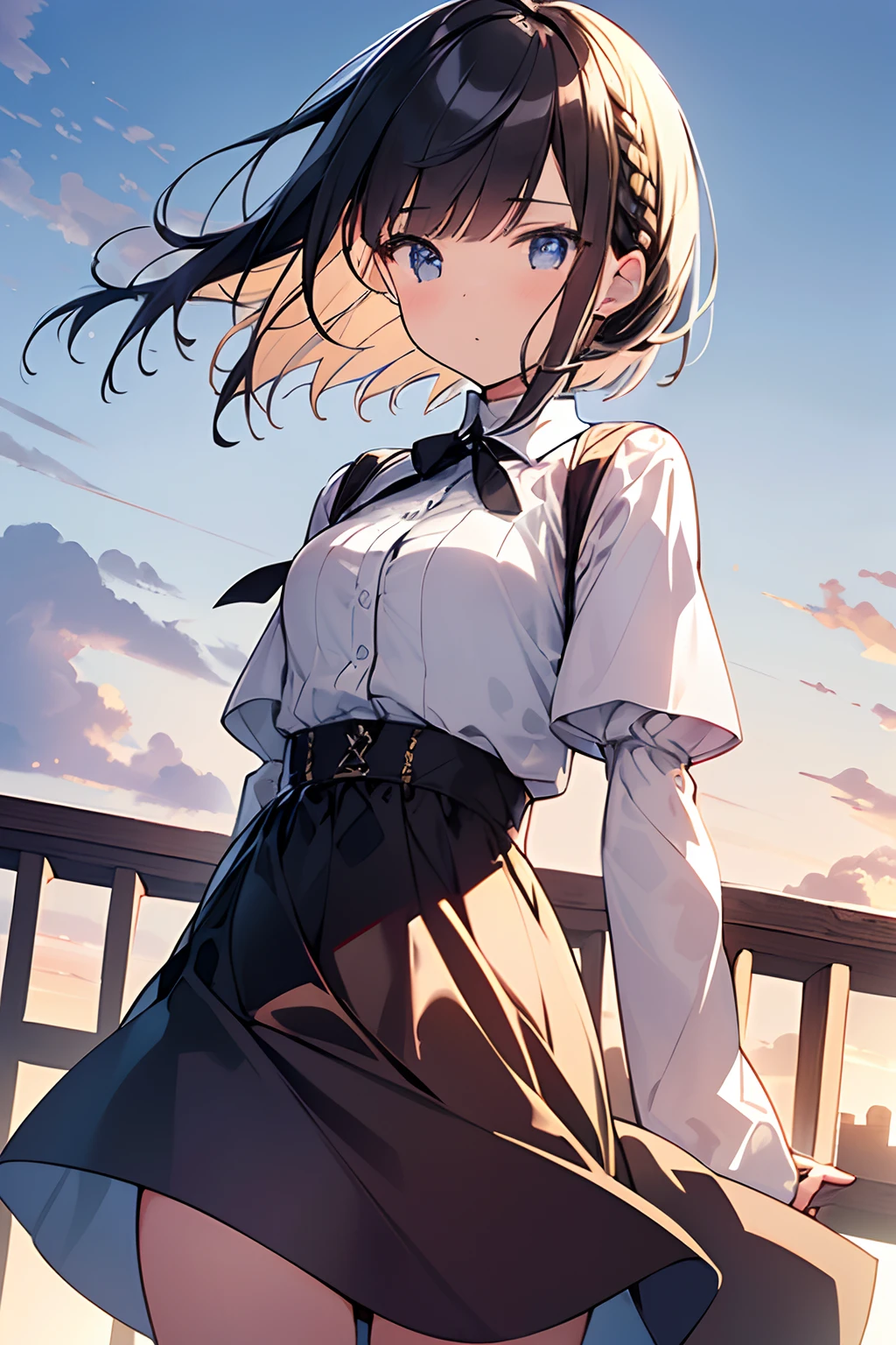 masutepiece, Best quality,illustration, the wallpaper, Ultra detail, absurderes, 1girl in, Solo, (Medium short hair、short braided hair), Beautiful detailed eyes , luminous sky、Hair that flutters in the wind,Curvaceous、(in a panoramic view:1.3),(a sense of depth:1.5),(shot from afar:1.5)
