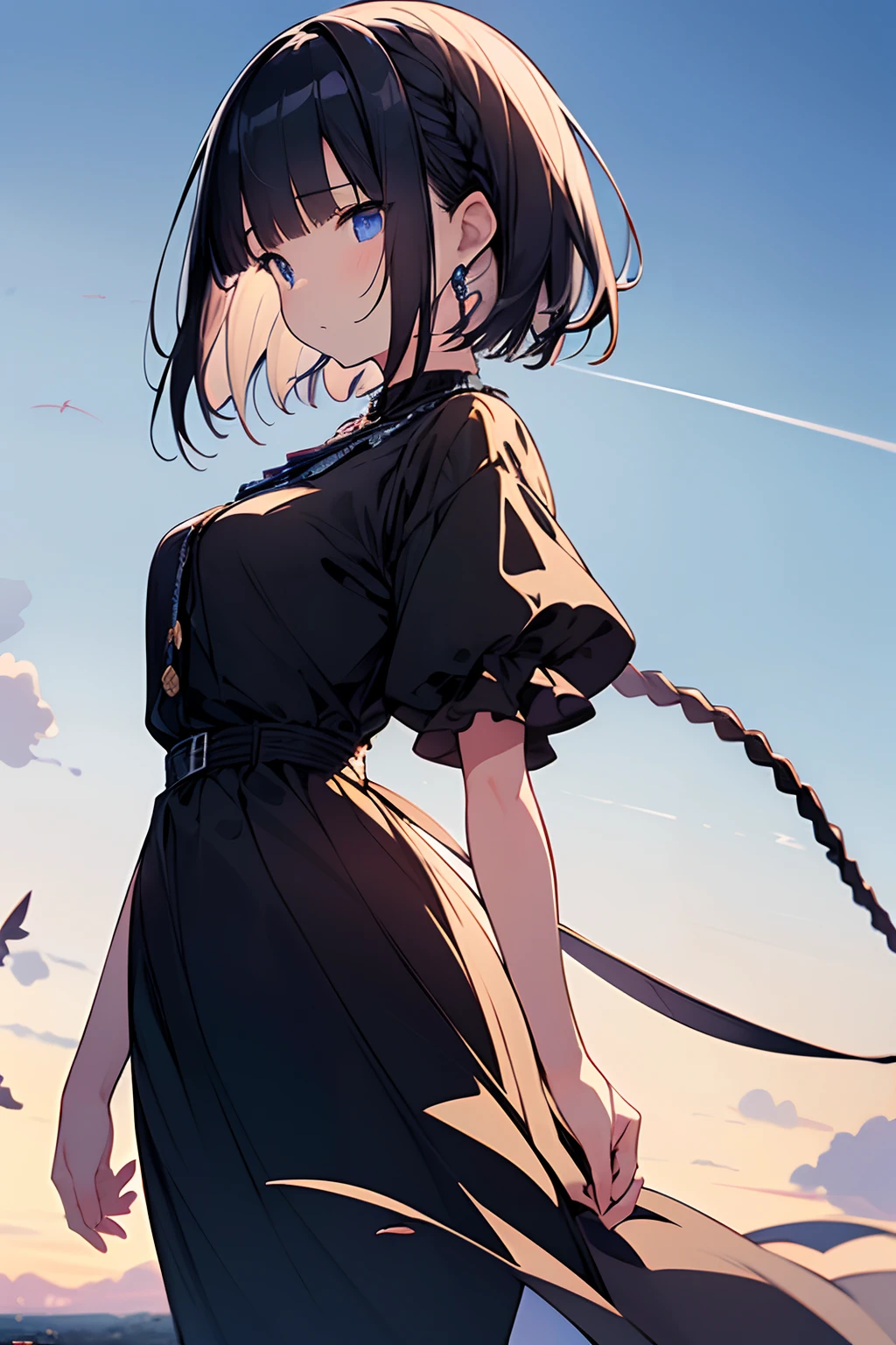 masutepiece, Best quality,illustration, the wallpaper, Ultra detail, absurderes, 1girl in, Solo, (Medium short hair、short braided hair), Beautiful detailed eyes , luminous sky、Hair that flutters in the wind,Curvaceous、(in a panoramic view:1.3),(a sense of depth:1.5),(shot from afar:1.5)