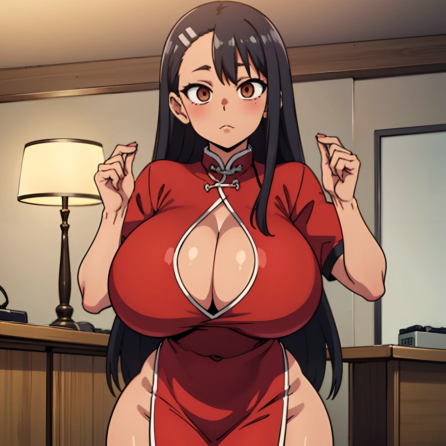 HayaseNagatoro,Nagatoro Hayase, pear figure, tan lines, qipao dress, massive chest, massive thighs, gigantic breasts, huge breasts ,large breasts, cleavage, qipao dress