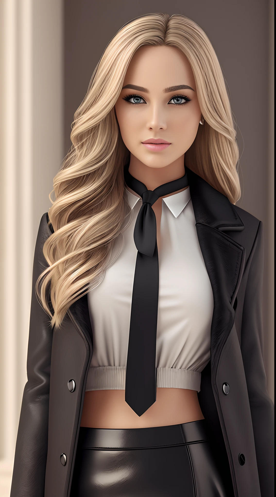Photorealistic, high resolution, 1 Women, Solo, Waist up, Beautiful eyes, Close lips, Detailed face, Glowing blonde hair, Long hair, Collared shirt, black necktie,Black skirt, pencil skirts, Fur coat, Stockings --auto
