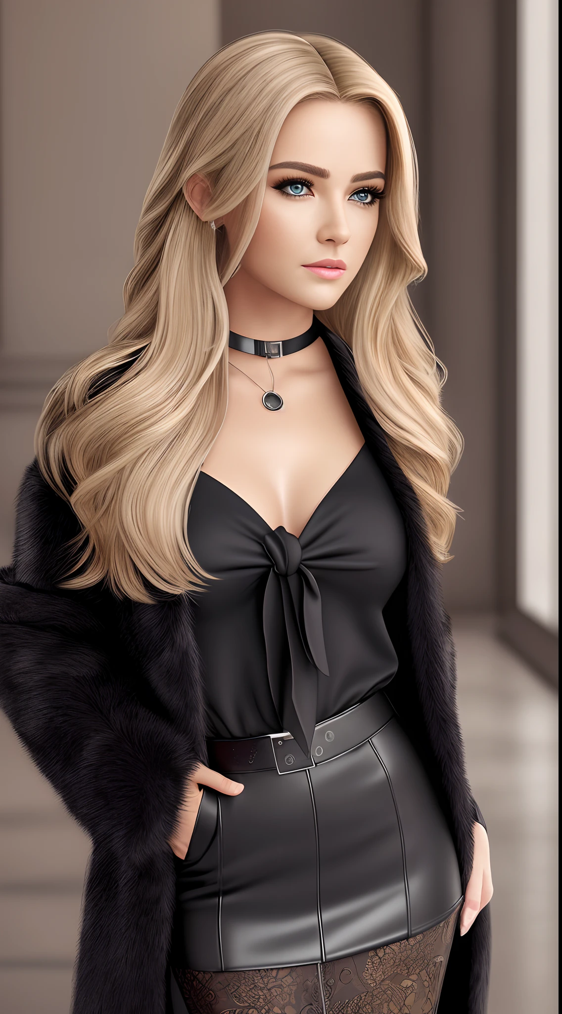 Photorealistic, high resolution, 1 Women, Solo, Waist up, Beautiful eyes, Close lips, Detailed face, Glowing blonde hair, Long hair, Collared shirt, black necktie,Black skirt, pencil skirts, Fur coat, Stockings --auto