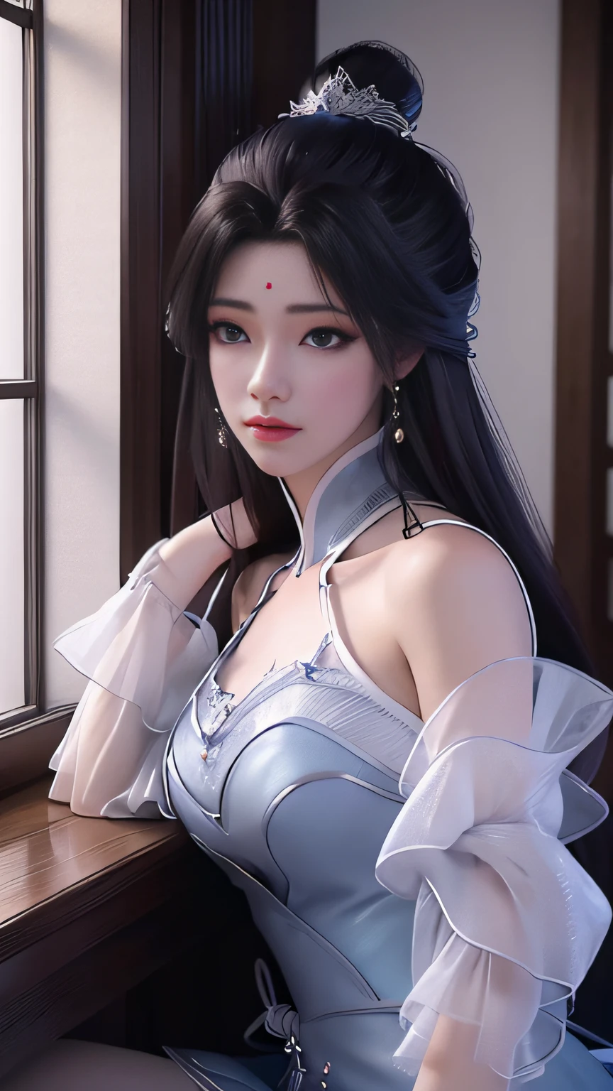 Arad woman in blue dress sitting on windowsill, cute anime waifu in a nice dress, trending on cgstation, 8K high quality detailed art, anime barbie in white stockings, highly detailed exquisite fanart, Extremely detailed Artgerm, the anime girl is crouching, flowing magical robe, beautiful and seductive anime woman, WLOP and Sakimichan