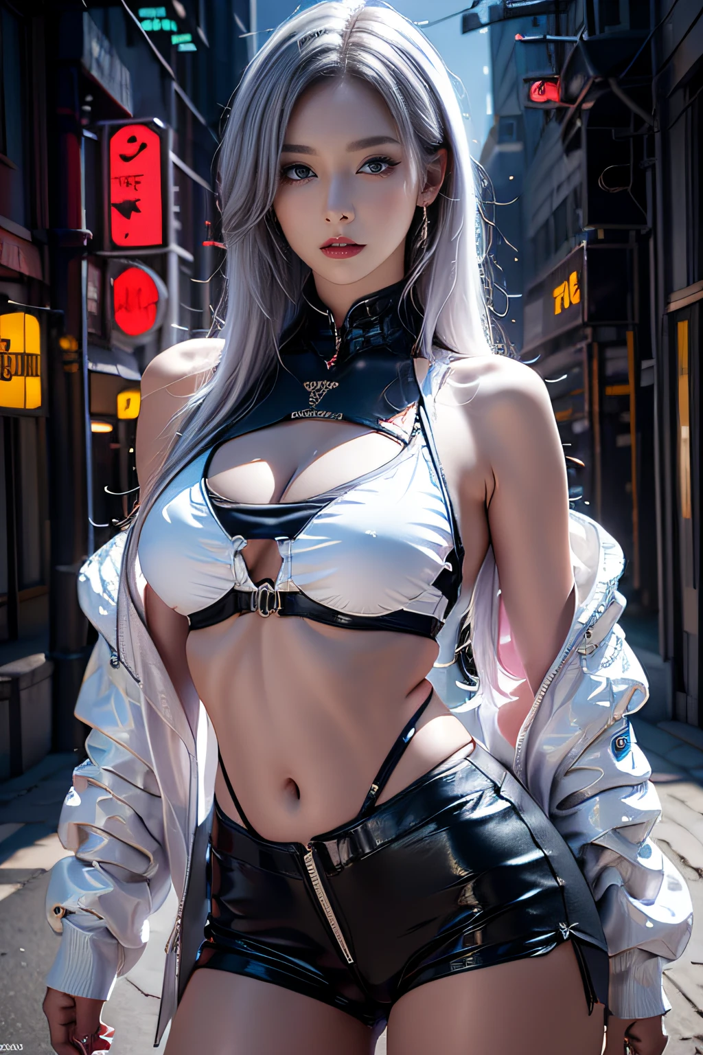 photorealistic, high resolution, 1women, mature female, solo, blue eyes, hips up, white off-shouler jacket, black bodysuit, bare shoulders, white shorts, hip vent, (dynamic pose), fantasy, high contrast,cityscape, neon lights, neon trim, ((cyberpunk)), 1 sweet girl,white short hair, bangs, ((red eyeliner)), ((makeup)),red lips, sitting