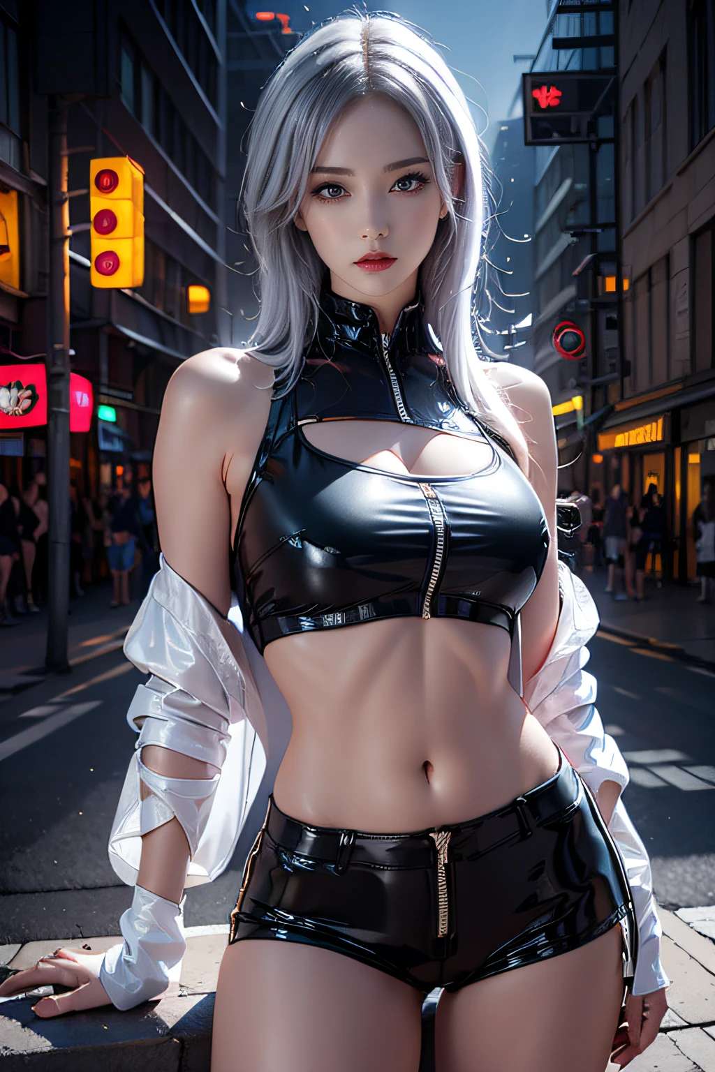 photorealistic, high resolution, 1women, mature female, solo, blue eyes, hips up, white off-shouler jacket, black bodysuit, bare shoulders, white shorts, hip vent, (dynamic pose), fantasy, high contrast,cityscape, neon lights, neon trim, ((cyberpunk)), 1 sweet girl,white short hair, bangs, ((red eyeliner)), ((makeup)),red lips, sitting