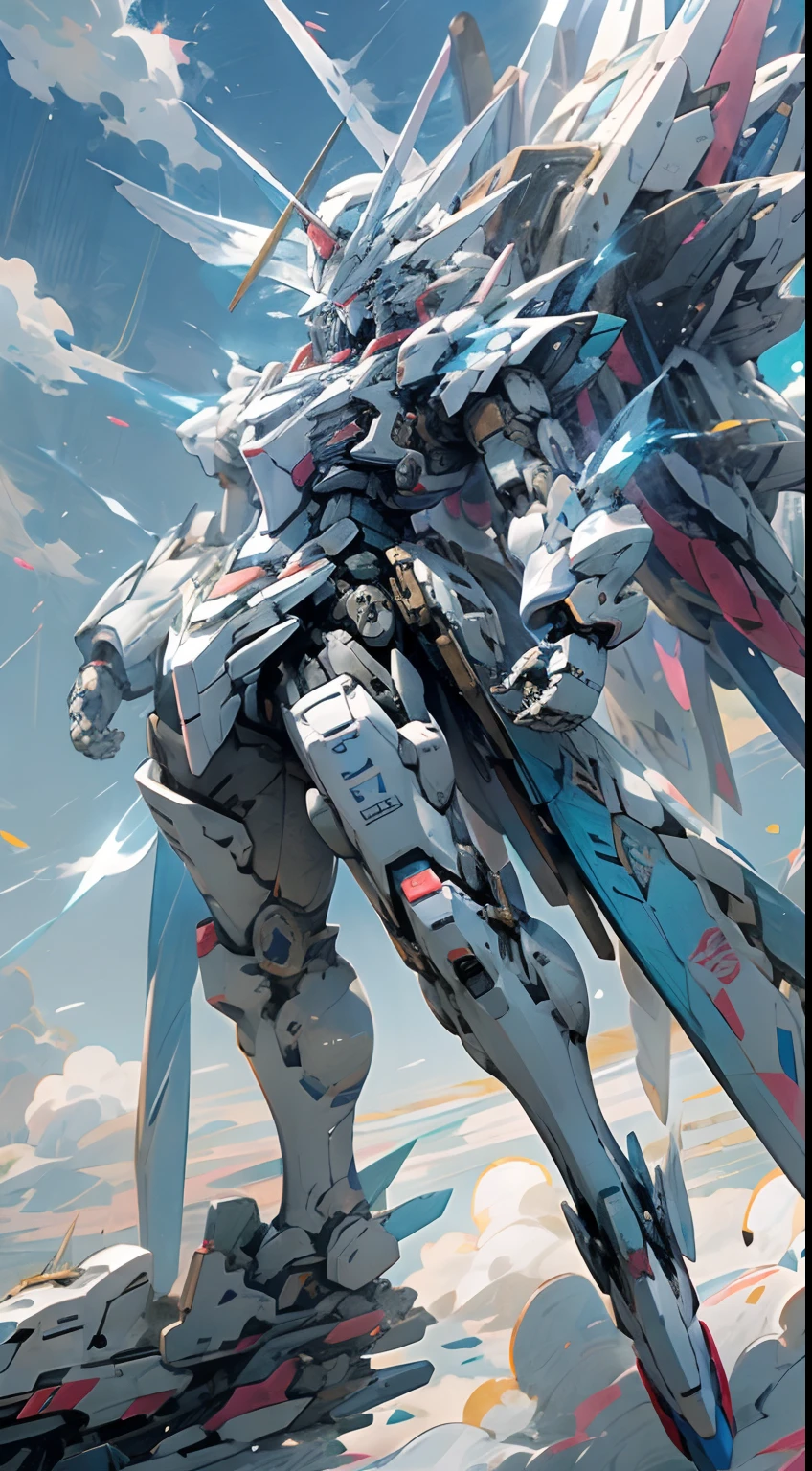 Gundam、Full body like、White and blue body、Floral pattern、Blue Sky Background