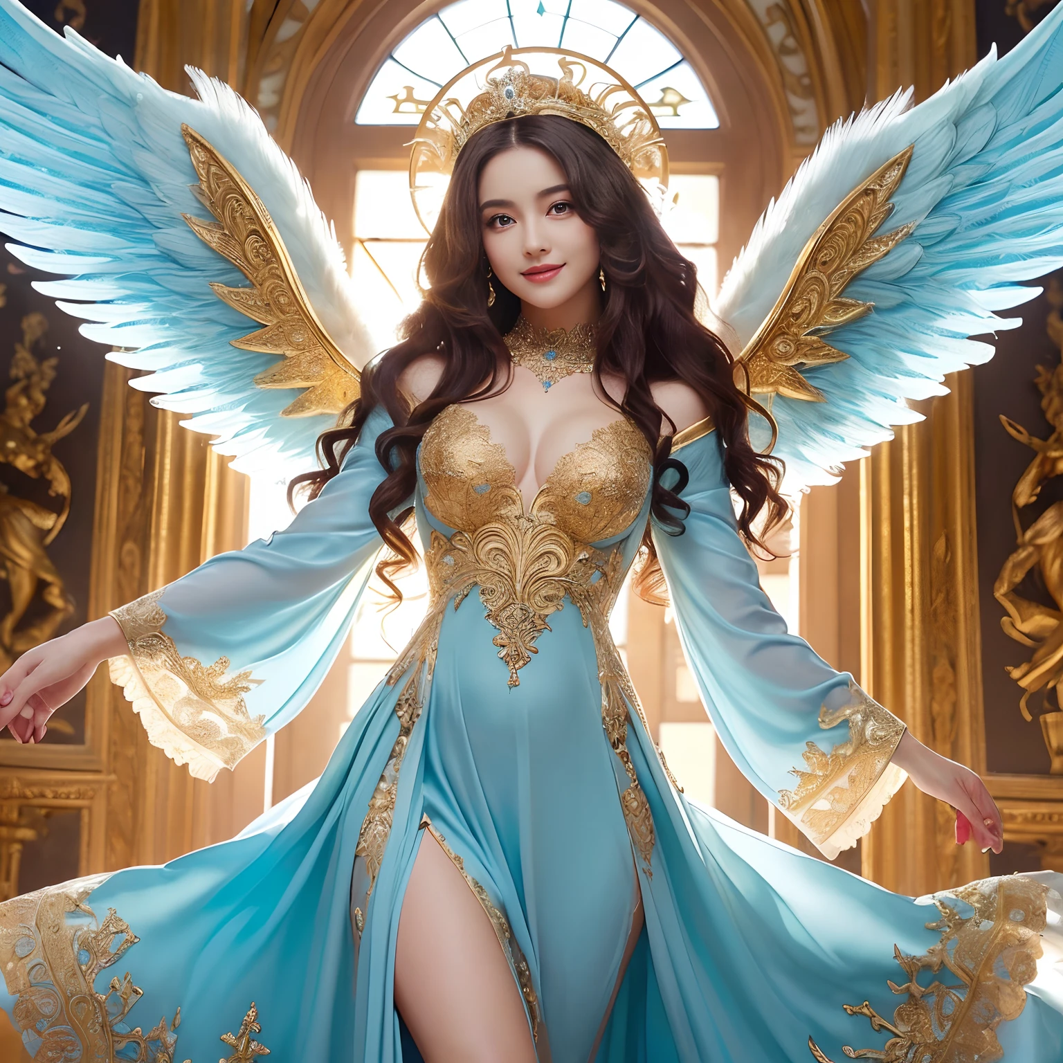 ((Very beautiful angel queen,The final form as a perfect angel, the masterpiece of an angel,Huge and intricate angel wings,The most dignified wings,Golden light,shining background,The most opulent and holy temple background,White and gold temple background,King of Angels,The most dignified angel,Intricate and solemn dresses,Light blue and gold embellishment dress on white,Light blue and gold dress on white base,Complex and majestic angel figure,The most majestic figure of the devil,The most intricately depicted figure of an angel,The World's Most Beautiful,Unimaginable beauties,divine atmosphere,The most intricate and beautiful dresses,Intricate reproduction of the perfect angelic detail,The figure of an unimaginably gorgeous angel,The figure of an unimaginably huge angel)),((Most beautiful face,Half Japan and half Spanish,The biggest happy smile,Beautiful wavy hair,Black and red hair,The most luxurious and intricate dresses,The biggest smile looking at the camera)),(Elegant standing figure,Fold your hands in front of your navel,)),Chest that seems to burst,Giant wings of angels,The background is the appearance of a perfect angel castle,Masterpiece,8K,very intricate,ultra-detailliert