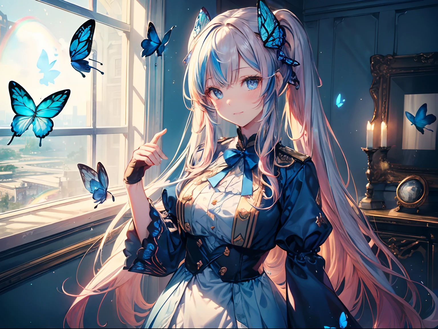 Golden light、rainbows、Heaven、angelicales、Deities、Luz Divina(masutepiece:1.3), (8K, Photorealistic, Raw photo, Best Quality: 1.4), Beautiful face, (Realistic face), Beautiful detailed eyes, (Realistic skin), Attractive, Intricate details,Golden ratio,  1 girl,Naughty smile, (rainbow hair:1.4),((Long twintails,Ribbon 1.4)),（looking-down),Dynamic Angle,ultra-detailliert, illustratio, gros-plan, Straight, One girl, (Fantasia:1.4), (azure eyes:1.233),Her eyes shone like dreamy stars,(radiant eyes:1.233) ,(beautiful and delicate eyes:1.1),((+(Bullhair flower:1.14)),(Chiffon dress,Blue floral pattern on uniform)/=(military outfits:1.24),(no sleeves,Wide sleeves),(Fingerless gloves),a choker,(Miko is not),high-heels,(deadpan,Mouth closure),(Standing), (classical Princess boudoir with dressing tableand french windowin a white ancient palaces),(white blossoms、florals),(abyssal),(flowingwater),(a dull blue world tree:1.14),(Ruins),(natta:1.2 ),Dreamy,Seoul,(fluorescent),(Translucent blue butterfly flight:1.15),[[Delicate fingers and hands:0.55]::0.85],(Fine fingers),(yubao:0.5)