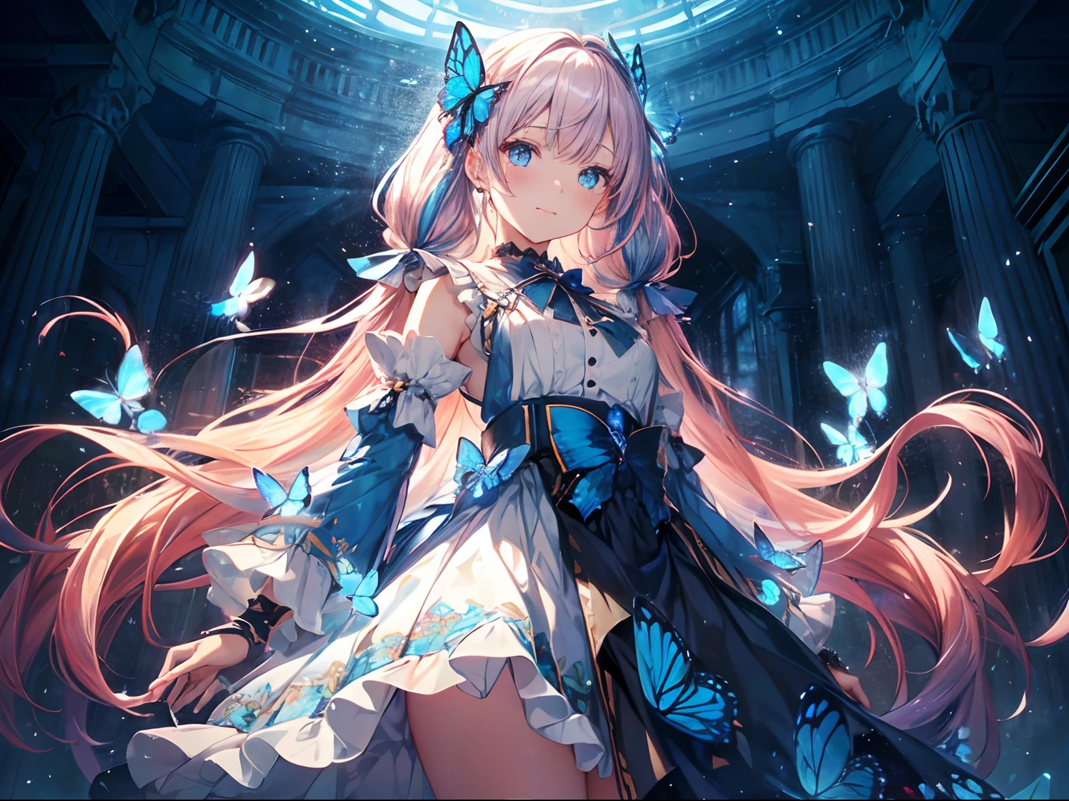 Golden light、rainbows、Heaven、angelicales、Deities、Luz Divina(masutepiece:1.3), (8K, Photorealistic, Raw photo, Best Quality: 1.4), Beautiful face, (Realistic face), Beautiful detailed eyes, (Realistic skin), Attractive, Intricate details,Golden ratio,  1 girl,Naughty smile, (rainbow hair:1.4),((Long twintails,Ribbon 1.4)),（looking-down),Dynamic Angle,ultra-detailliert, illustratio, gros-plan, Straight, One girl, (Fantasia:1.4), (azure eyes:1.233),Her eyes shone like dreamy stars,(radiant eyes:1.233) ,(beautiful and delicate eyes:1.1),((+(Bullhair flower:1.14)),(Chiffon dress,Blue floral pattern on uniform)/=(military outfits:1.24),(no sleeves,Wide sleeves),(Fingerless gloves),a choker,(Miko is not),high-heels,(deadpan,Mouth closure),(Standing), (classical Princess boudoir with dressing tableand french windowin a white ancient palaces),(white blossoms、florals),(abyssal),(flowingwater),(a dull blue world tree:1.14),(Ruins),(natta:1.2 ),Dreamy,Seoul,(fluorescent),(Translucent blue butterfly flight:1.15),[[Delicate fingers and hands:0.55]::0.85],(Fine fingers),(yubao:0.5)