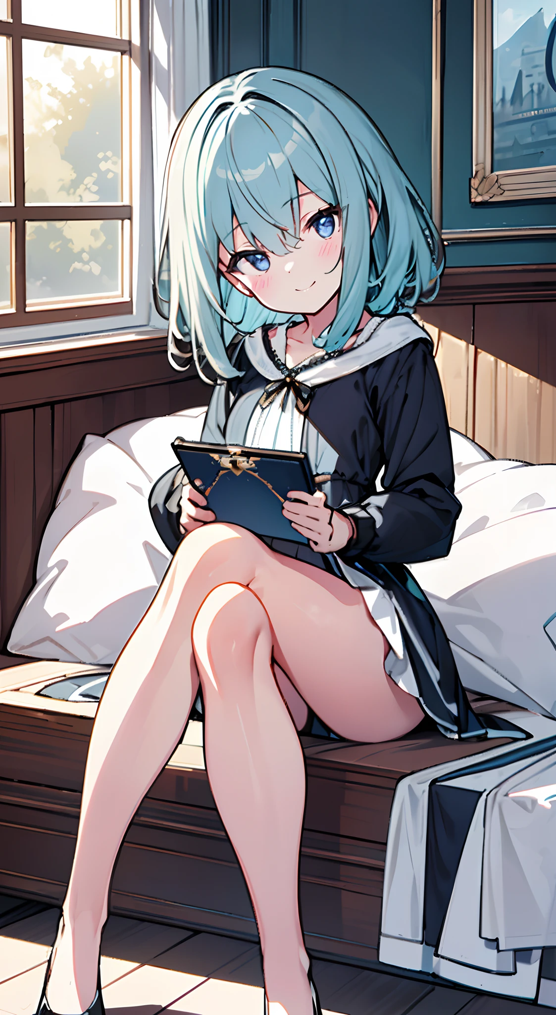 masuter piece, Best Quality,32K、Wallpaper, ultra -detail, Absurd beauty, 1beautiful girl、Big crisp eyes、Slender legs、Make your head smaller、miscievous smile、Angle looking up from below:1.2、♡♡♡、(Seated Pose)、thighs thighs thighs thighs、Medium short hair、inside in room