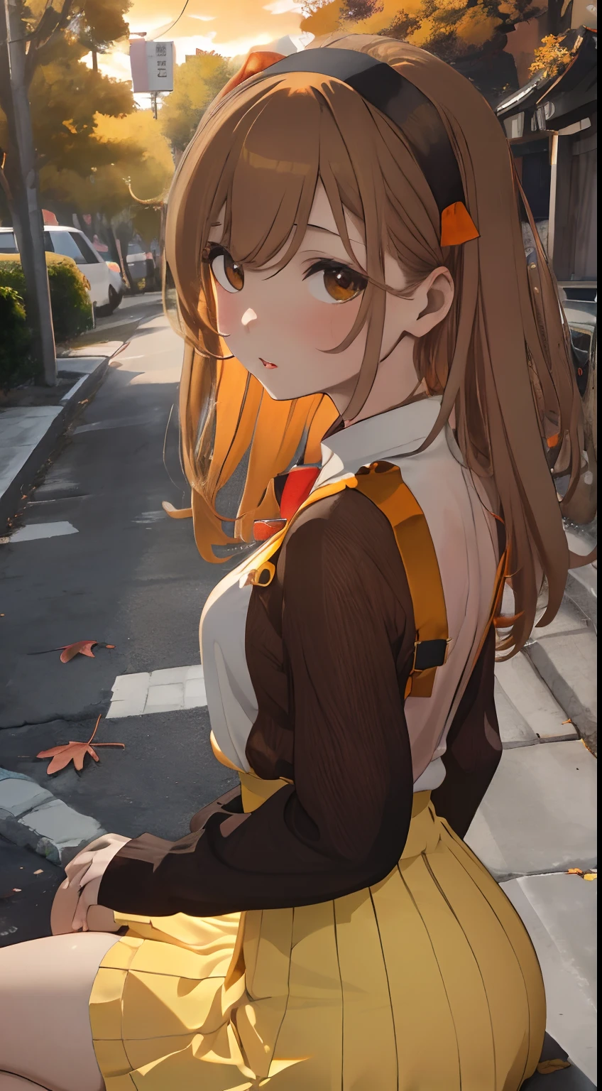 Residential area,Street trees with autumn leaves,Orange sky at sunset,fluffy hair,Light brown hair with green inner color,the eyes are orange,Sexy outfits,White skirt&Coordinate with a see-through top,Light blue, yellow, black and green,Long sleeves with a sense of transparency,Clothes with misaligned shoulders,Hair Band,I sat down on the spot.、Turned,Multiple cats are rubbing against my paws,???,AHE Face,The back is visible,Rear view,squinted、Give them a happy face,Protruding buttocks,Sexy lips,It has a lustful look,Sleepy face,heart mark,red tide,