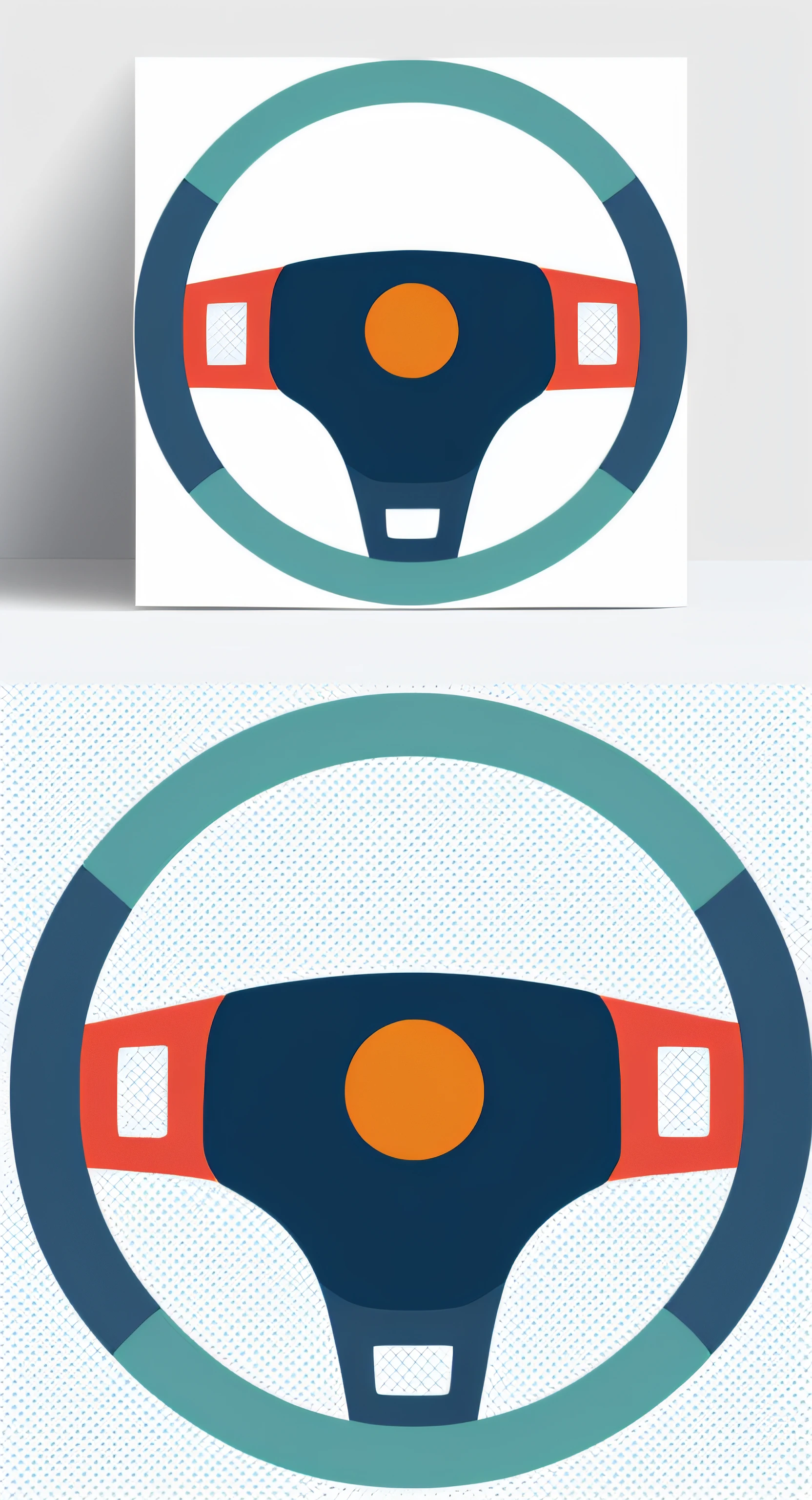 Close-up of a car steering wheel with blue and orange stripes, symmetrical sticker design, 2d vector art, 2d minimalist vector art, 2 d vector art, vector svg art, flat 2 d vector art, Single steering wheel, poster template on canva, minimalist vector art, Vector graphics with clean lines, steering wheel, 2D vector logo