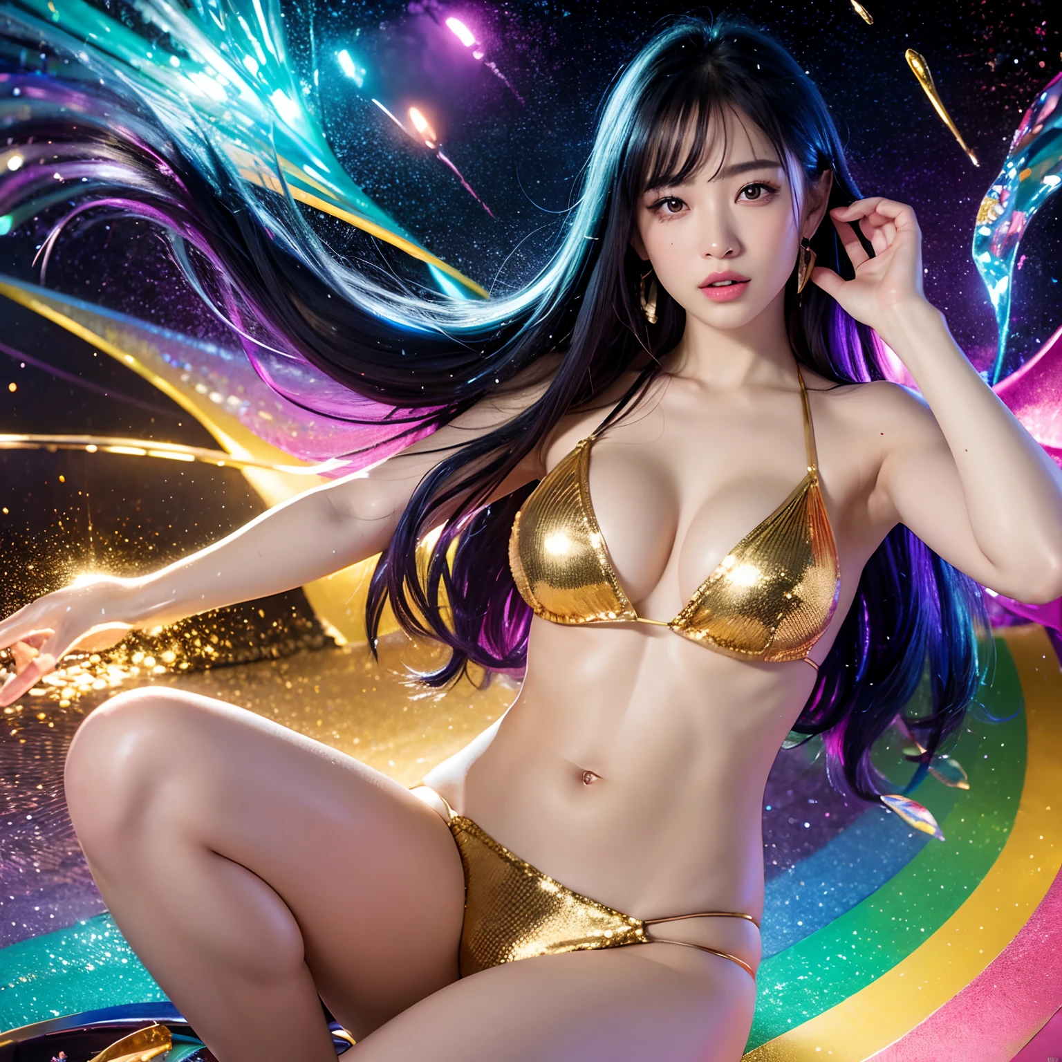 finest image, (8k, RAW photo, realistic), detailed and delicate depiction and flashy and dynamic painting method, beautiful woman, amorous expression, lewd expression, treasure beautiful butt, great proportion, micro bikini made of (sequins, polychromatic prism effect, iridescence, glowing colors, aluminum foil, coloured glaze, rainbow core), blurry background fantasy, falling petals, iridescent golden particles, splash water drops