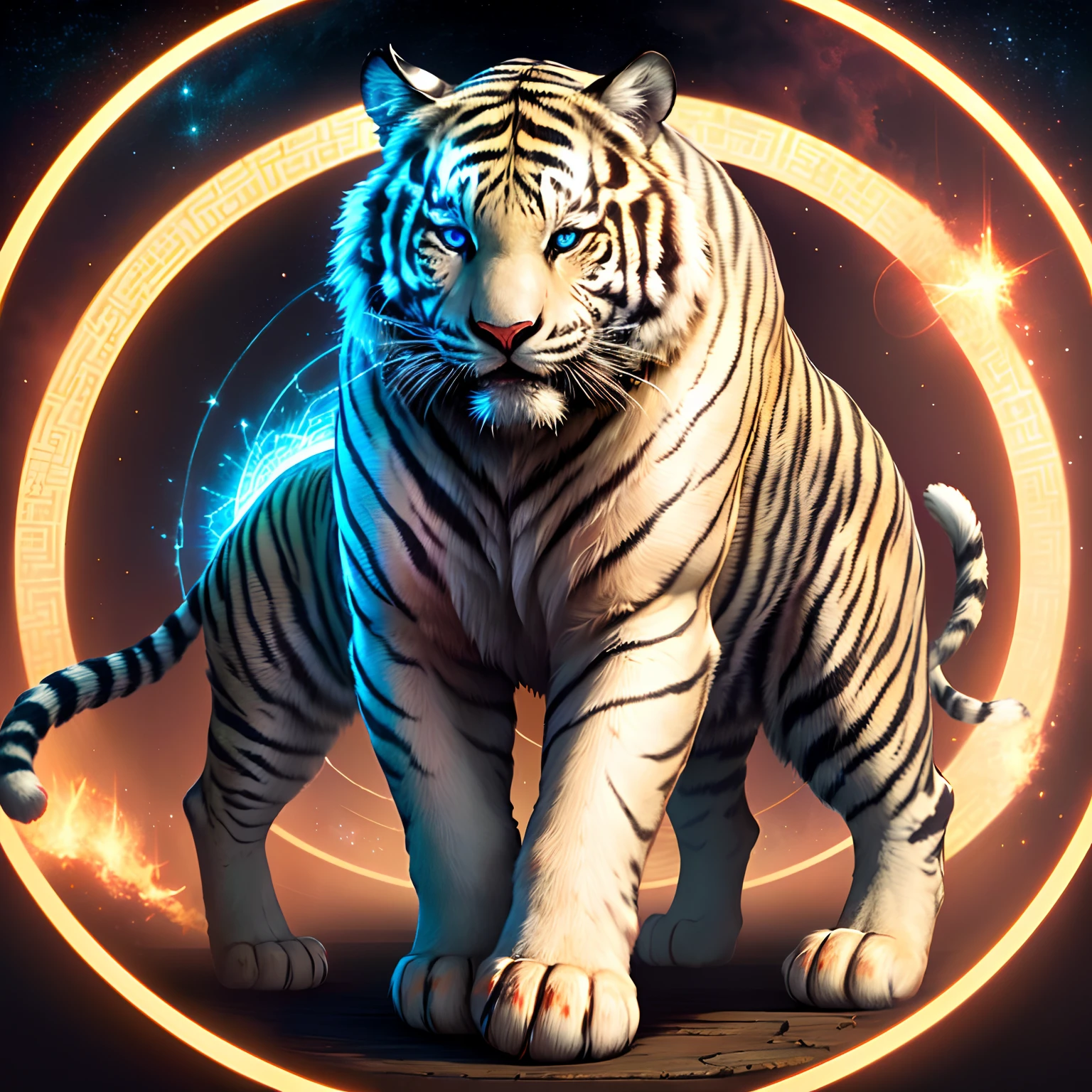 White tiger,starrysky,white colors，{Round outer ring},blue eyess,china style,Chinese mythology
