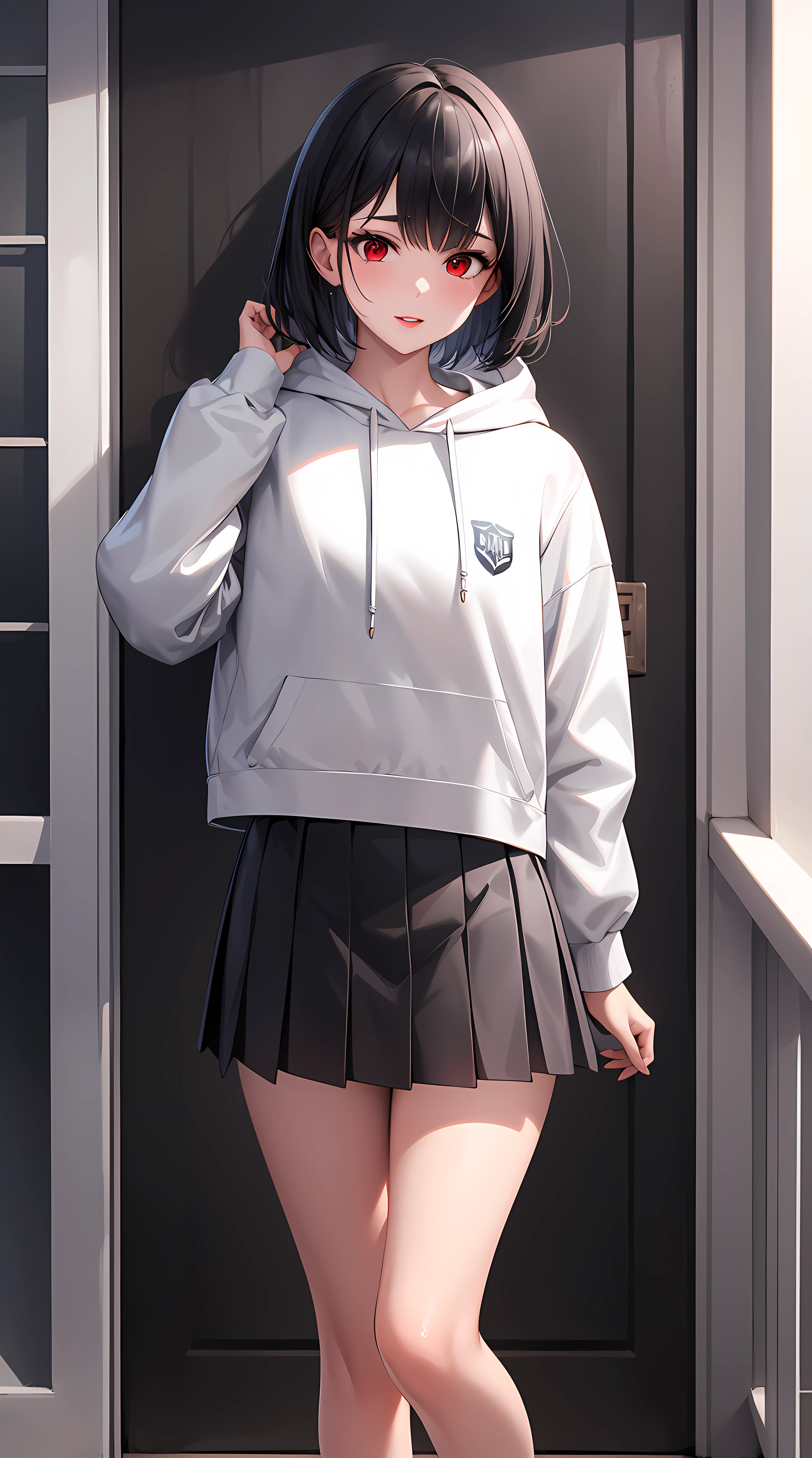 (masterpiece:1.0),(best_quality:1.0), ultra high res,ultra-detailed, professional artwork, Intricate Details, sharp focus, extremely detailed painting, trending on pixiv, Standing at attention, looking at viewer, official art,extremely detailed CG unreal engine 8k wallpaper, 1girl, solo, a character with red eyes and short black hair, wearing a white hoodie, black pleated skirt, high-leg white socks, and white shoes, cowboy shot, happy,
