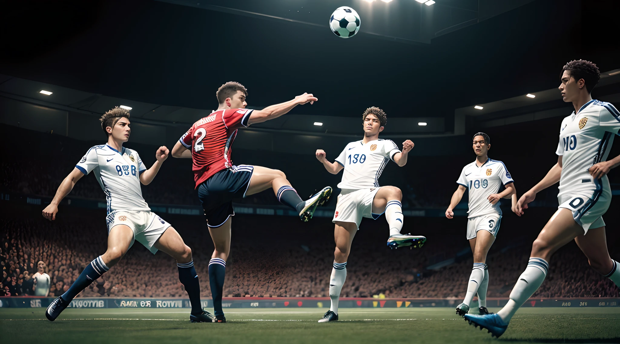 (masterpiece, best quality, high resolution), (illustration:1.0),(perfect hands,perfect anatomy), perfect lighting, two soccer opposing uniform, free kick, emotive expression, dynamic pose, ample headroom, third rules of photography