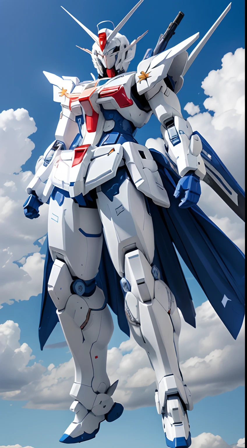Gundam、Full body like、White and blue body、Floral pattern、Blue Sky Background