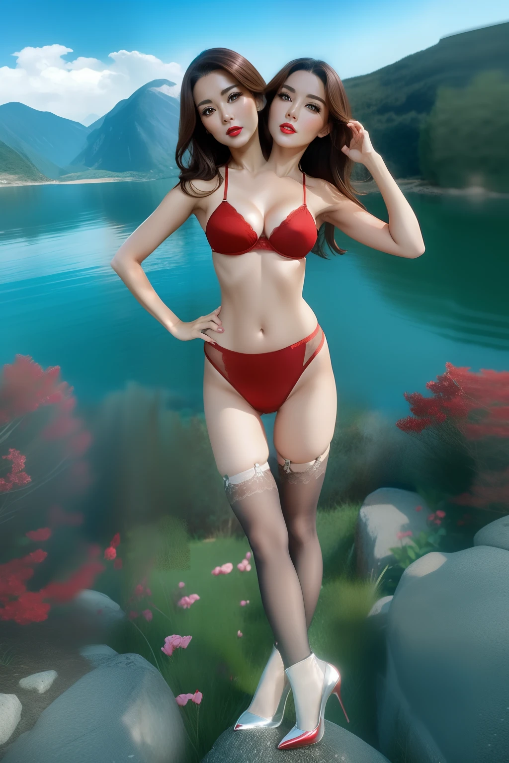 2 heads,Photo of a 50-year-old woman with brown hair, a captivating gaze, Brown eyes, Wrinkles on her face, Black pantyhose,Black High Heel Boots,She wears very sexy lingerie underwear、、Revealing her large sagging breasts, Light makeup and red lips. 32K