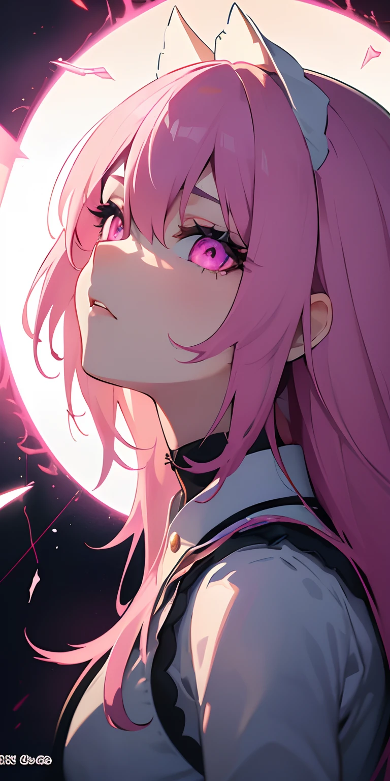 (masterpiece、top-quality、ultra-detailliert、Best Shadows)、(细致背景、Dark Fantasy)、(beautifull detailed face)、highly contrast、(The best lighting、extremely delicate and beautiful)、((Cinematic light))、colourfull、Hyper-detailing、dramatic light、intricate detailes、(1girl、独奏、silber hair、Sharp face、Pink eyes、hair between eye、dynamic ungle)、blood splattere、Black lights swirling around the character、depth of fields、black light particles、(Broken glass)、magic circles、Neon Effect,Incandescent effect