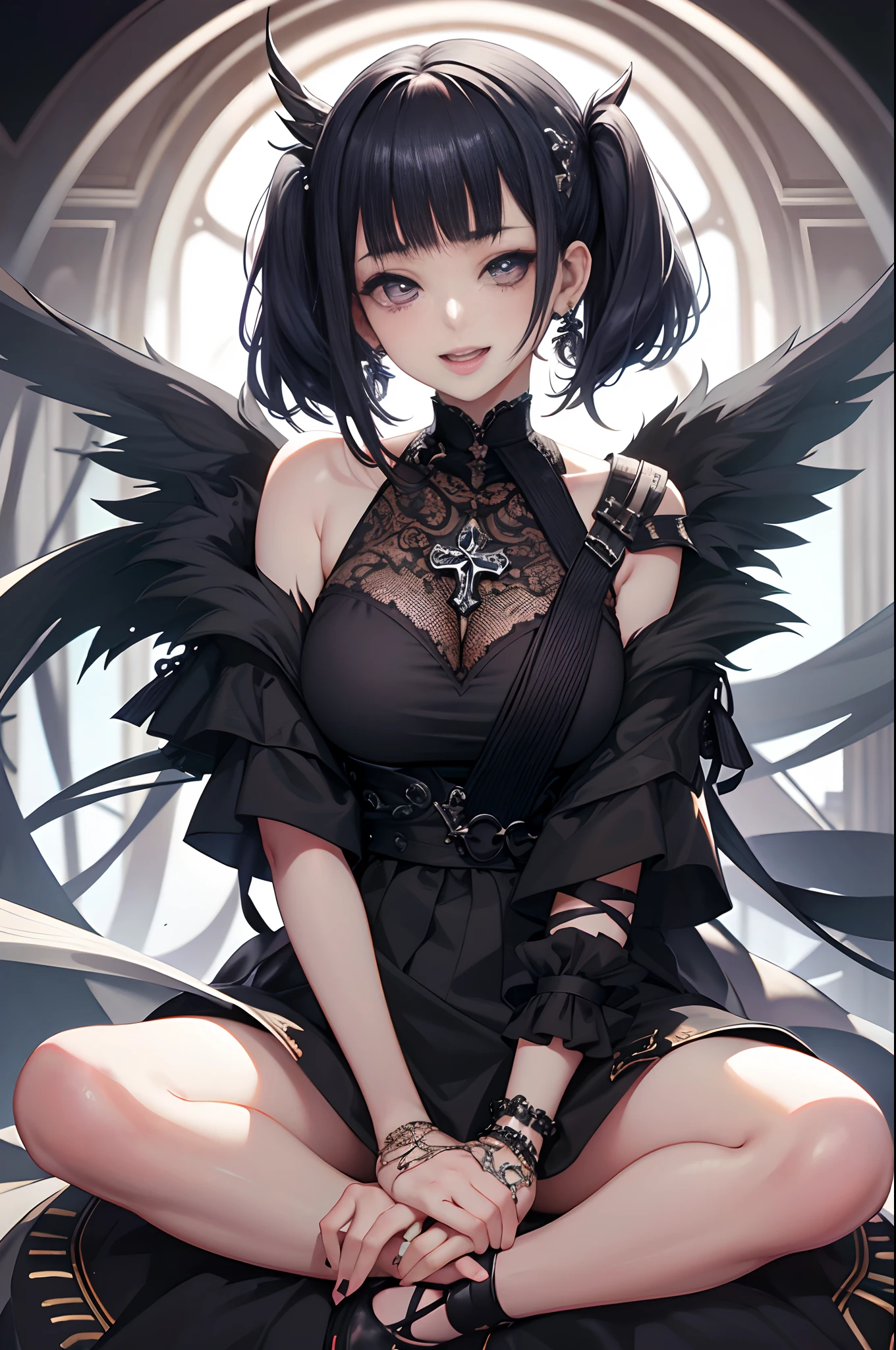 Huza、Sit on a chair, cross one's legs、A smile、Open mouth、laughingly、close up、Face Focus、Face、eye glass、Head tilt、Portrait、Laugh、Laugh、Best Quality, masutepiece, photo of an actress, Beautiful, Model, 40 years old、Ahegao ( Silly / Sexual ecstasy),(Cross-eyed) (tareme),(masutepiece:1.2, Best Quality), (finely detailed beautiful eye: 1.2), (Detailed background,Dark Fantasy), (beautifull detailed face), High contrast, (Best Illumination, extremely delicate and beautiful), ((Cinematic Light)), Colorful, Hyper Detail, Dramatic light, Intricate details, pigeon-toed、Watching the viewer、Background white、from behind、Turn around、From above、Nike、Piercing Woman、piercings、A smile、Black shorts、Blunt bangs、(a black skirt)、1girl in,Solo,Flashy hair、Photorealsitic, hight resolution, 1 rapariga, A dark-haired、Akame, Korea person, Cowboy Shot、Gothic