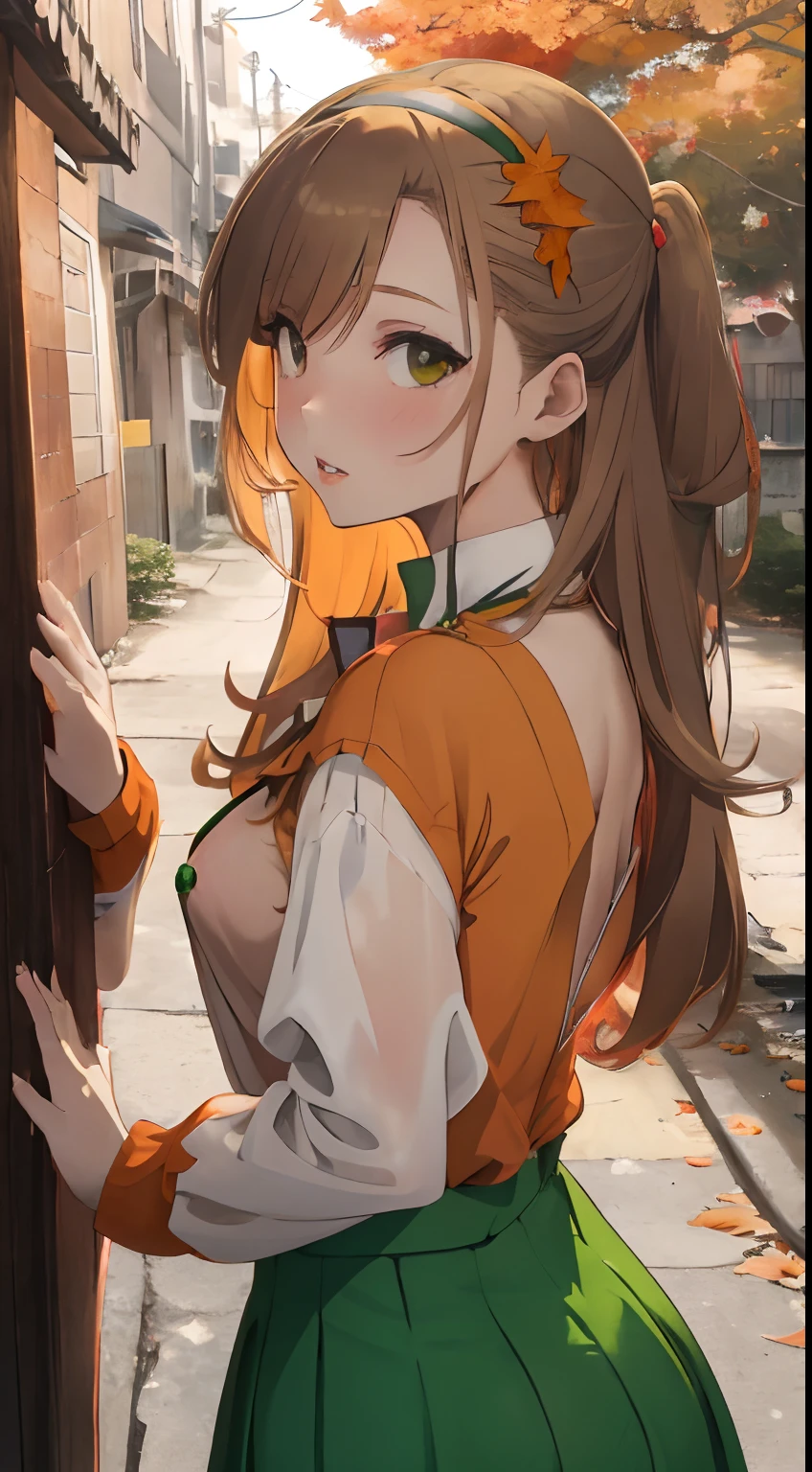 Residential area,Street trees with autumn leaves,Orange sky at sunset,fluffy hair,Light brown hair with green inner color,the eyes are orange,Sexy outfits,White skirt&Coordinate with a see-through top,Light blue, yellow, black and green,Long sleeves with a sense of transparency,Clothes with misaligned shoulders,Hair Band,Crouch on the spot、Turned,Lots of stray cats,Multiple cats are rubbing against my paws,SEX,AHE Face,The back is visible,posterior view,squinted、Give them a happy face,Protruding buttocks,Sexy lips,It has a lustful look,Sleepy face,heart mark,red tide,
