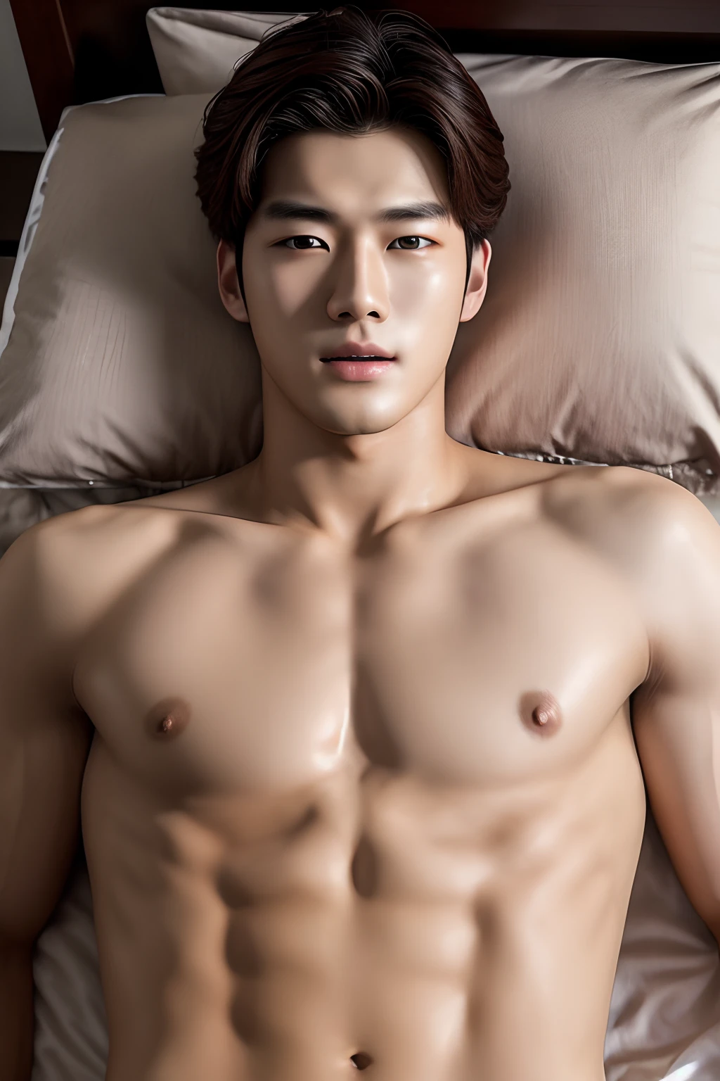 Ultra Photorealistic, 20 age, Handsome mannequin, Korean Men, I saw my. I saw my penis., Top of the bed, , Top view, expression of ecstasy/orgasmic, , Ejaculation on chest and face