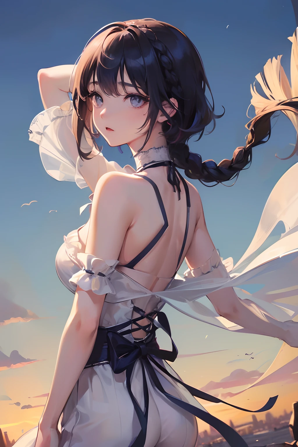 masutepiece, Best quality,illustration, the wallpaper, Ultra detail, absurderes, 1girl in, Solo, (Medium short hair、short braided hair), Beautiful detailed eyes , luminous sky、Hair that flutters in the wind,Curvaceous、(in a panoramic view:1.3),(a sense of depth:1.5),(shot from afar:1.5)
