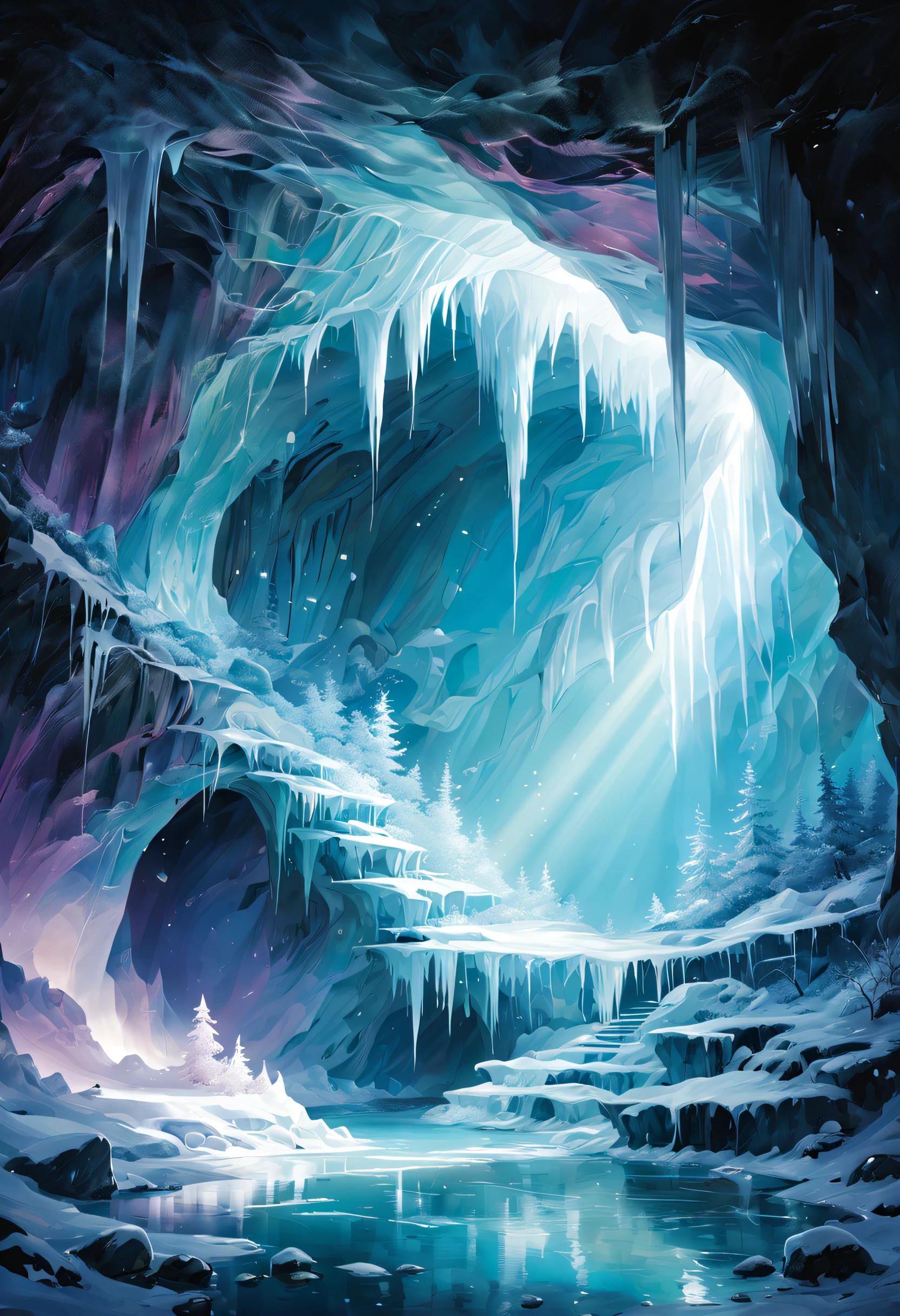 An ancient frost cave embraces you as you step inside, with icicles adorning the walls and ceiling, like numerous glittering gems embedded in the cave. A deep pool of water resides in the heart of the cave, shimmering with ice crystal fragments, reflecting the faint blue glow emanating from within. A ray of warm sunlight pours through the cave entrance, illuminating a corner of the cave, casting a mystical and solemn atmosphere. The entire scene is filled with a sense of tranquility, mystery, and breathtaking beauty. Medium: Digital art, intricate details, fantasy elements Additional details: Delicate frost patterns crisscrossing the walls and ceiling, sparkling like a delicate lacework of ice; small hidden crevices covered with frost ferns, adding a touch of delicate elegance to the scenery; an ethereal mist floating above the icy pool, giving an otherworldly ambiance to the cave; soft echoes of water droplets falling from the ceiling, creating a gentle melody in the serene atmosphere. Image quality: (best quality, 4k resolution, highres), ultra-detailed, realistic:1.37 Art style: Fantasy, landscape, atmospheric, impressionistic Color palette: Shades of cool blues, icy whites, and hints of celestial purples Lighting: Soft, natural light streaming through the cave entrance, cascading gentle shadows on the frosted surfaces, creating a contrast between warmth and coldness.