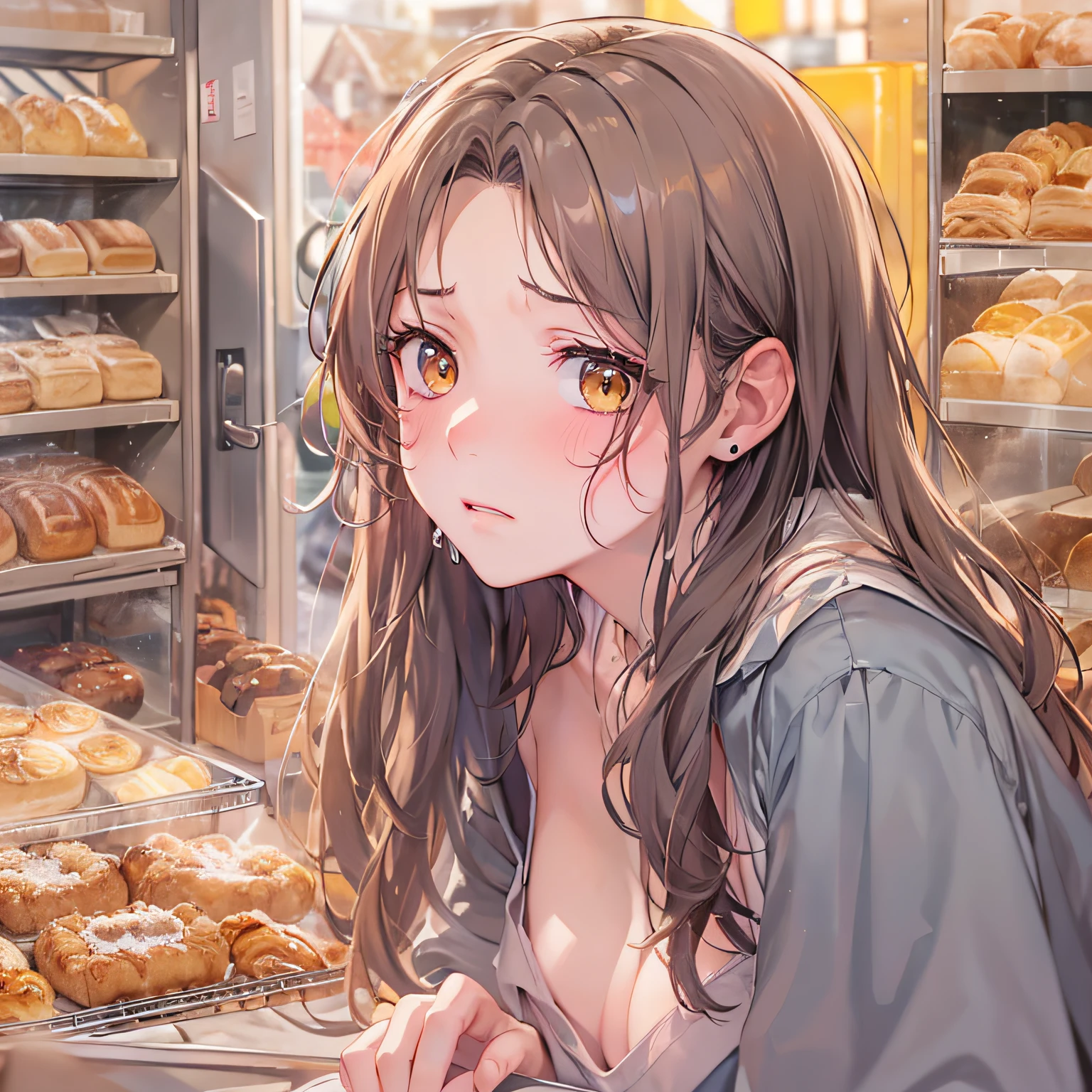 **​masterpiece、top-quality、(brown colored long hair:1.1)、20-year-old yellow-eyed woman、japanese comic book、Large one-shoulder T-shirt in pink、being thin、(discreet breasts:1.1)、(Depressed and gloomy look:1.3)、(Staring:1.5)、(Close-up of the subject's face:1.3)、Bakery in the background、Bold composition、Upper body is shown、Alone、**