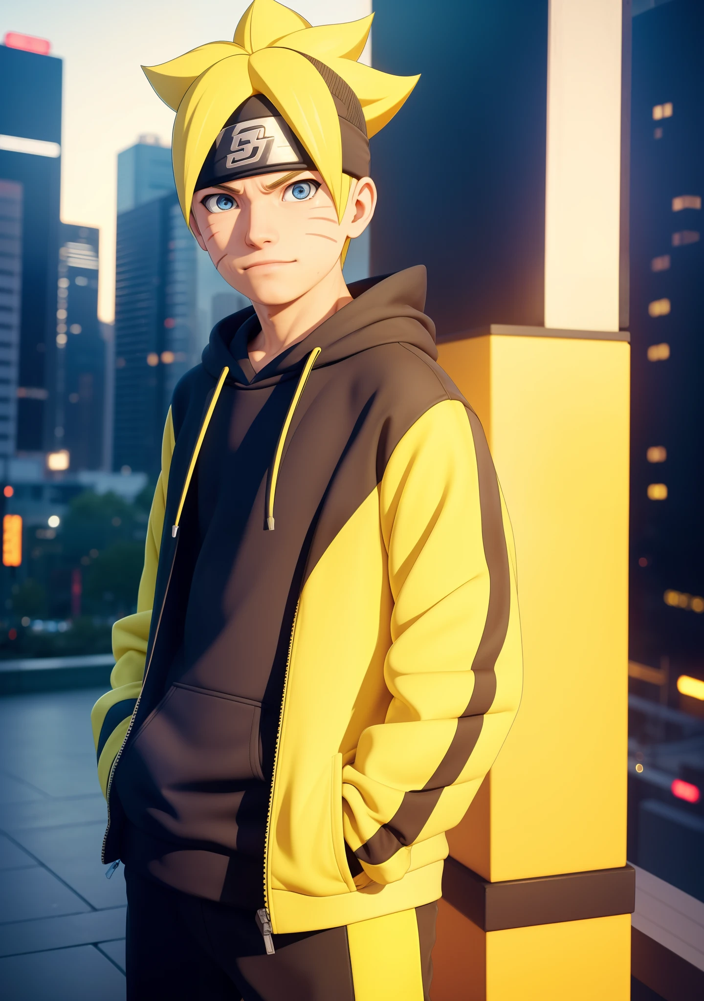 masterpiece, ultra-detailed, 1boy, male focus, upper body shot, Boruto wearing Streetwear Hoodie, yellow hair, look at viewer, happy face, Hands in pockets, vibrant colors, cityscape background, dinamic lighting, highly detailed face, stylish, urban style, cool attitude, bokeh, blurry background,