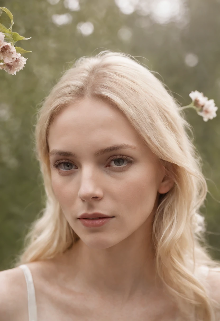 Caucasian woman in illustration,Flowers dripping on the face,Upper body,Blonde hair, Collage-based style, Made of insects, William Wegman, Skin color discrimination, White background, Pencil art illustration, National Geographic photo,full bodyesbian