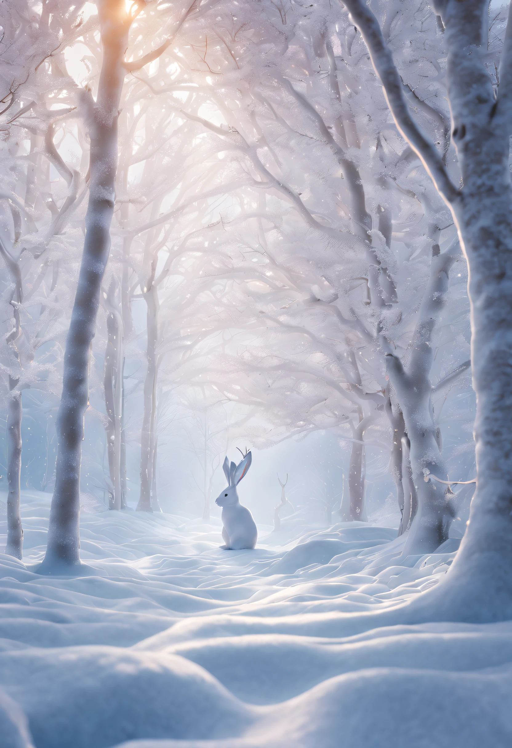 (best quality,4k,highres,masterpiece:1.2), vibrant sunlight streaming through the icy mist, illuminates the treetops in a snow-white forest. The branches are adorned with countless shimmering highlights. The leaves are covered in translucent ice crystals, and each gentle breeze produces a melodious tinkling sound. Amidst the trees, a tiny snow rabbit leaps and bounds, leaving behind delicate imprints on the pristine white snow. The entire scene exudes a sense of enchantment, with vivid and lively colors.