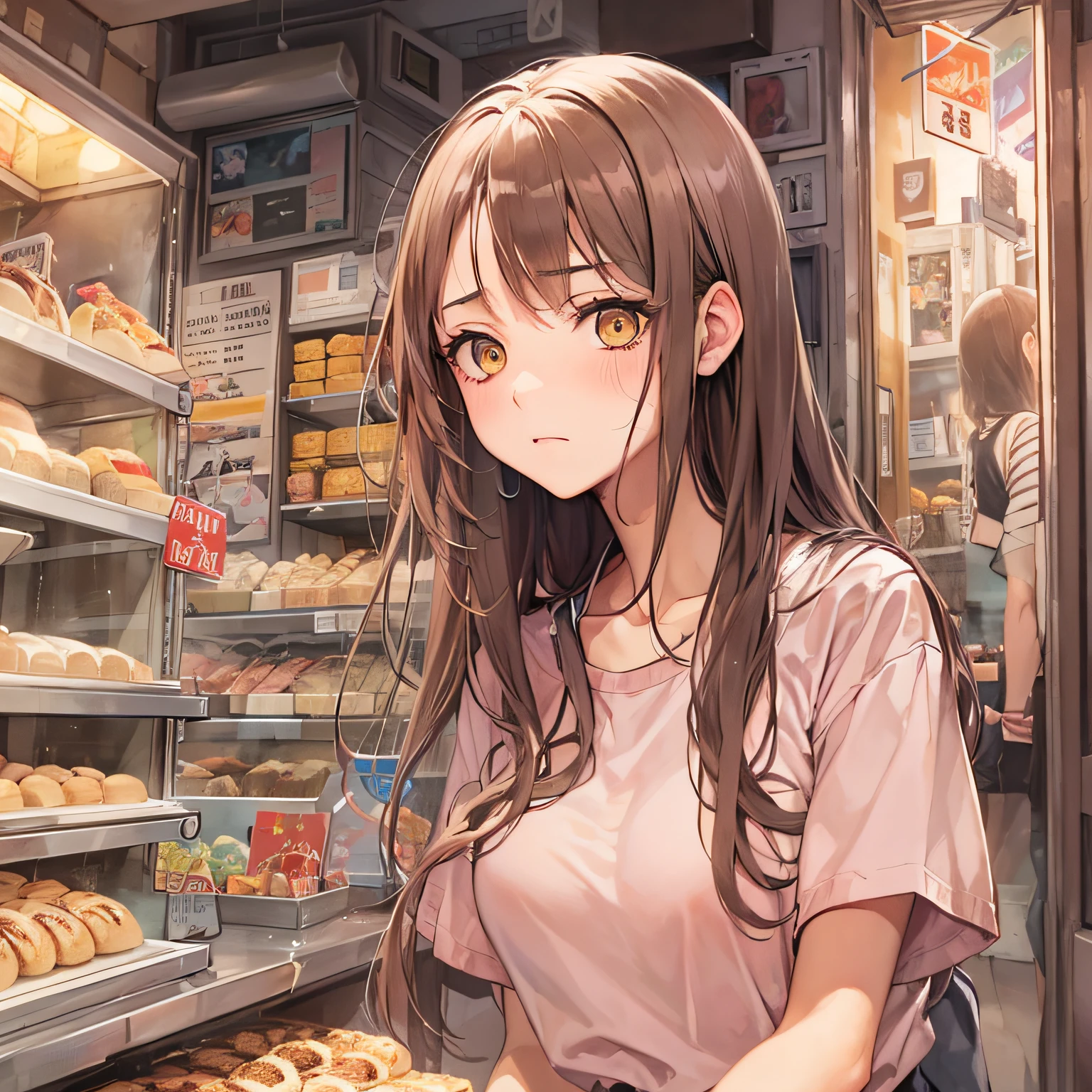 **masterpiece、top-quality、(brown colored long hair:1.1)、20-year-old yellow-eyed woman、japanese comic book、Large one-shoulder T-shirt in pink、being thin、(discreet breasts:1.1)、(Depressed and gloomy look:1.3)、(Staring:1.5)、(Close-up of the subject's face:1.3)、Bakery in the background、Bold composition、Upper body is shown、Alone、**