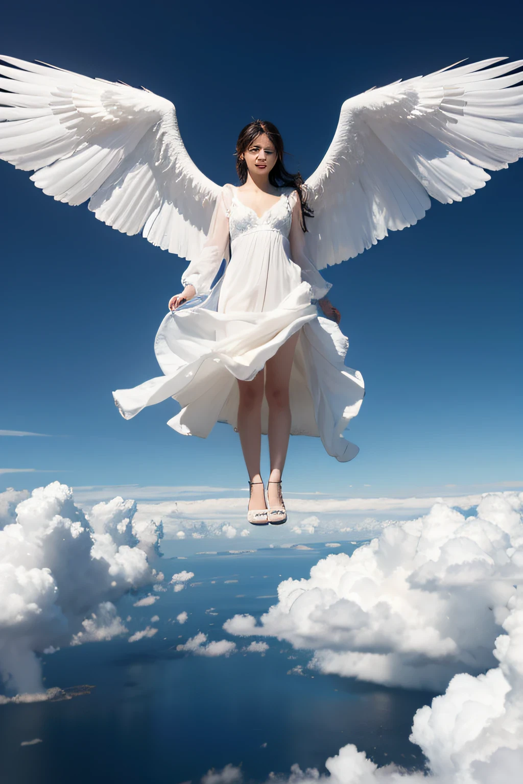 in a panoramic view,One man grew a pair of wings,Fly in the sky,Through the clouds,Dressed in white,female