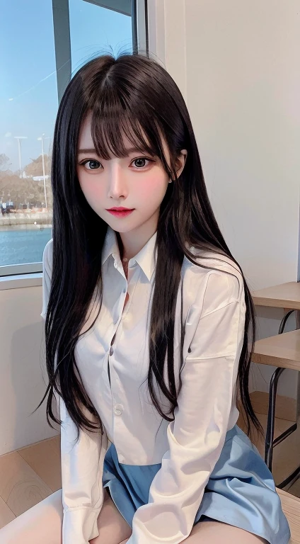 bright expression、photorealisim、top-quality、超A high resolution、a picture、Photos of the most beautiful Nordic girls、Detailed cute and beautiful face、a small face、(pureerosface_v1:0.008)、Beautiful bangs、alice in the wonderland、、(thighs thighs thighs thighs:1.2)、full body Esbian、Glowing white shiny skin、Hair tangled in the face、Bangs that extend to the face、bangss、Hair between the eyes、length hair、Silky hair of attractive black color、finer hair、Beautiful bright and clear light blue eyes with a charming sparkle、(winter school uniform:1.2)、(pleatedskirt:1.2)、eye liner、Sitting in a classroom、Double eyelids、ample breasts、Dynamic Pose