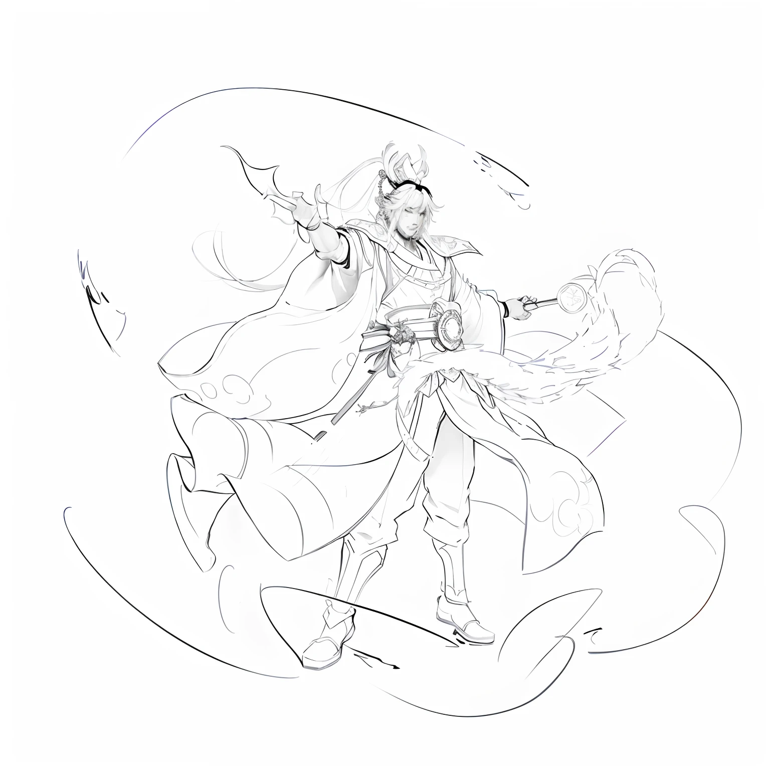 Painting of a man in a robe, clean lineart, bold lineart, perfect lineart, Simple lines of art, intense line art, lineart behance hd, linear art, Keqing from Genshin Impact, clean anime outlines, zhongli from genshin impact, thick lineart, extremely fine ink lineart, Outline sketch,Gorgeous costumes,correct hand,high qulity,Chinese Ancient Times,During the Three Kingdoms period,Taoist,Flowy neat outfits