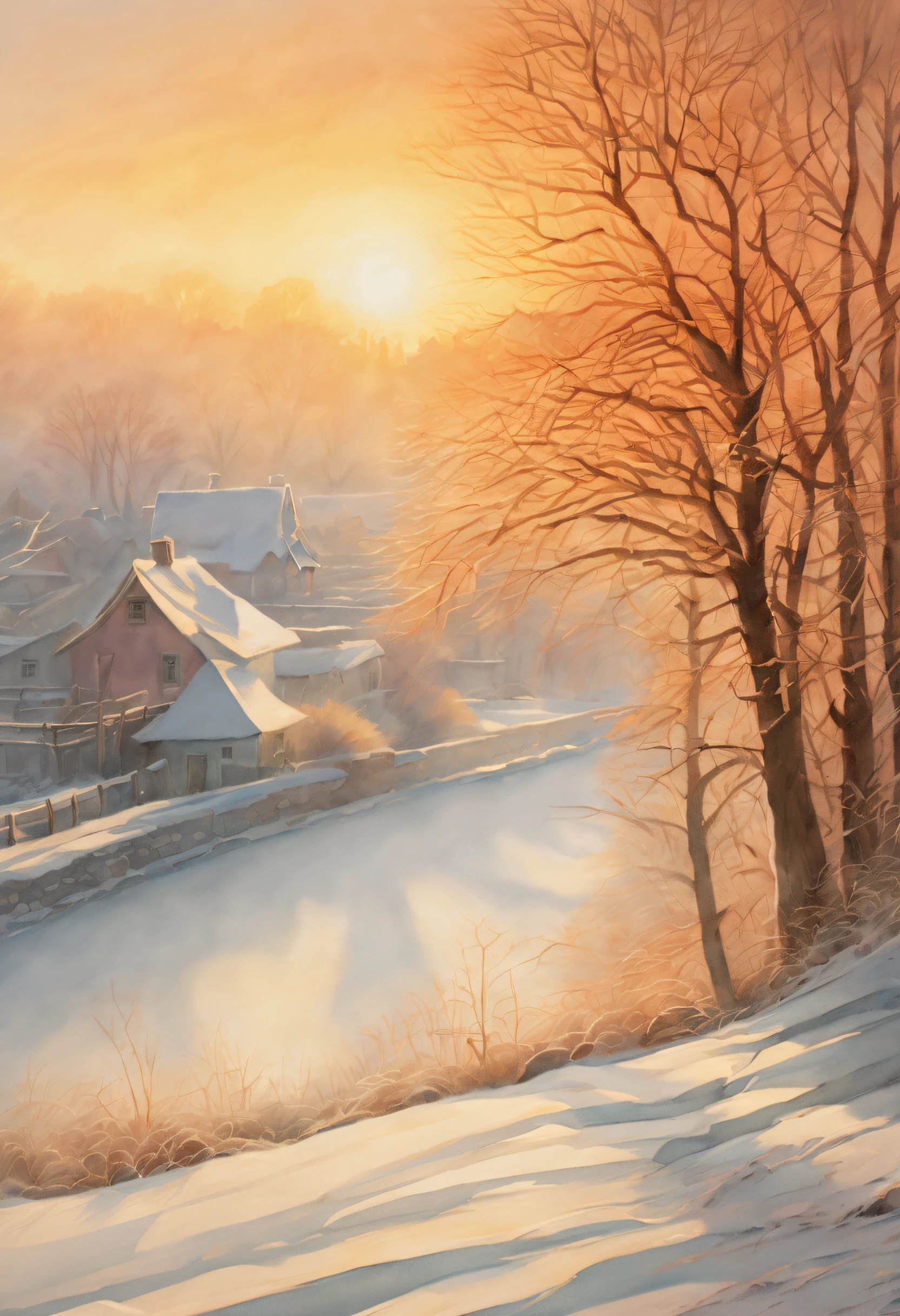 In a cold winter dawn, a small town covered in frost lies quietly in a valley. Delicate hoarfrost covers every branch, and the realistic lighting effects make the whole scene radiant. The sun slowly rises, tinting the sky with a warm orange color, creating a striking contrast with the frost. The warm-toned light casts a beautiful shadow over the white mist, resembling a picturesque watercolor painting, evoking a warm and hazy feeling.

(highres,realistic:1.2),ultra-detailed,hoarfrost-covered town,winter landscape,serene atmosphere,ethereal colors,frosty tree branches,soft morning light,misty valley,magical ambience,peaceful scenery,foggy landscape,Cold winter sunrise,vivid colors,pastel tones,subtle shadows.