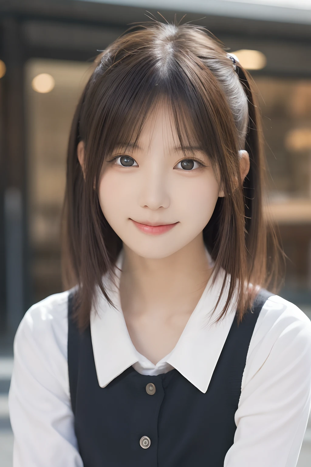 masutepiece, Best Quality, 8K, 15yo student, japanes、Teen, Raw photo, award winning portrait, A smile, Solo, Night, Idol face, violaceaess, gardeniass, Delicate girl, Upper body, Digital SLR, Looking at Viewer, Candid, Sophisticated, zora々Right, Thin arms, Professional Lighting, Film grain, chromatic abberation, (Eyes and faces with detailed:1.0), A dark-haired、drooing eyes、Japanese high school girl、kawaii faces:1.2, Dark brown eyes、eyes glowing eyes、