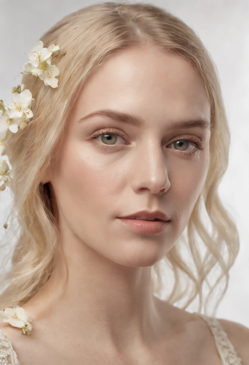 Caucasian woman in illustration,Flowers dripping on the face,Upper body,Blonde hair, Collage-based style, Made of insects, William Wegman, Skin color discrimination, White background, Pencil art illustration, National Geographic photo,full bodyesbian