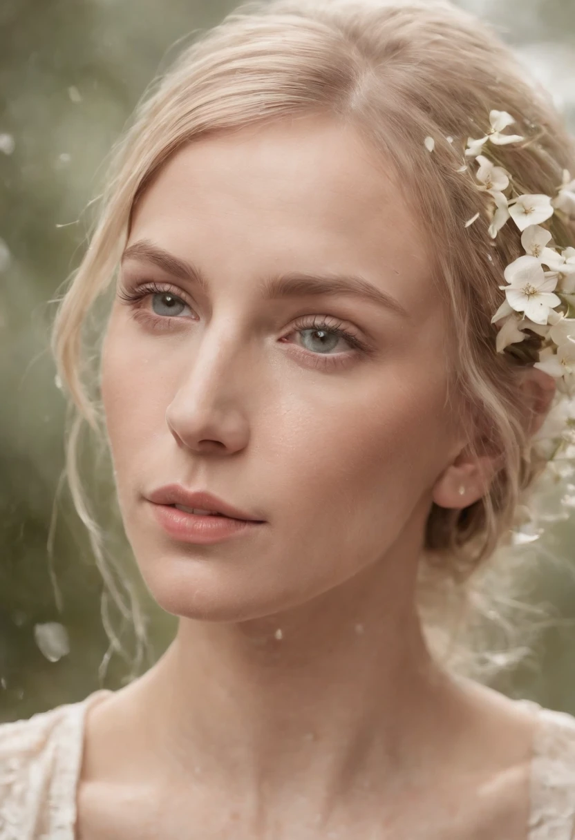 Caucasian woman in illustration,Flowers dripping on the face,Upper body,Blonde hair, Collage-based style, Made of insects, William Wegman, Skin color discrimination, White background, Pencil art illustration, National Geographic photo,full bodyesbian