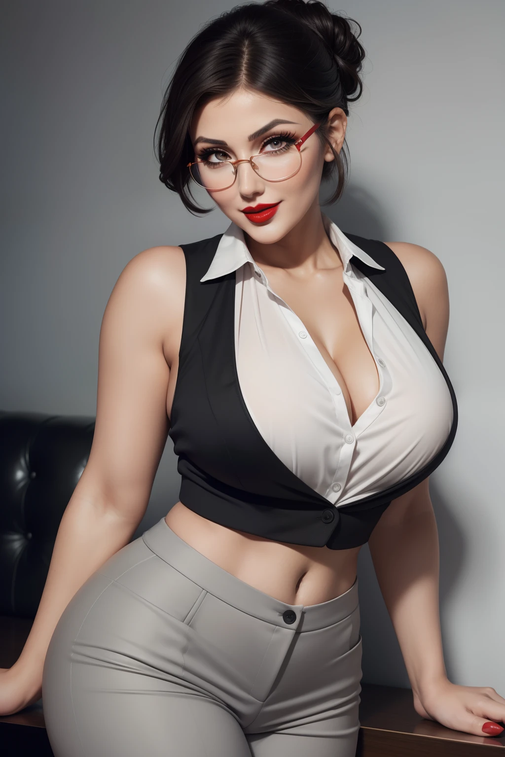 Lucy Pinder, face portrait, ((Very Intense Makeup)), smiling, ((red lipstick)), ((woman in makeup)), short hair, black hair, hair tied in a chignon, Voluptuous Woman, white blouse, gray vest, gray formal pants, glasses