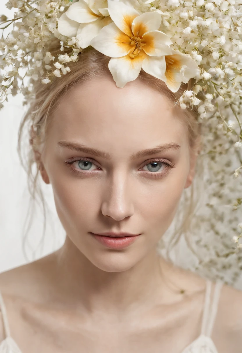 Caucasian woman in illustration，Flowers dripping on the face,Upper body,Blonde hair, Collage-based style, Made of insects, William Wegman, Skin color discrimination, White background, Pencil art illustration, National Geographic photo,full bodyesbian