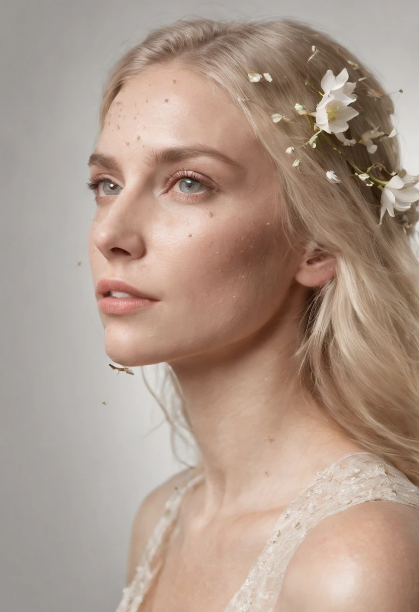 Caucasian woman in illustration，Flowers dripping on the face,Upper body,Blonde hair, Collage-based style, Made of insects, William Wegman, Skin color discrimination, White background, Pencil art illustration, National Geographic photo,full bodyesbian
