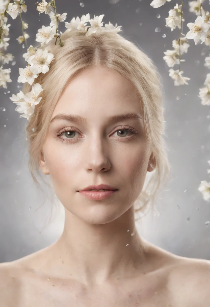 Caucasian woman in illustration,Flowers dripping on the face,Upper body,Blonde hair, Collage-based style, Made of insects, William Wegman, Skin color discrimination, White background, Pencil art illustration, National Geographic photo,full bodyesbian