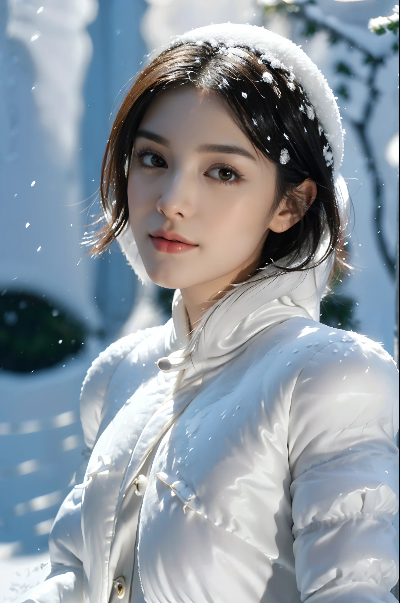(((8k))),(Extremely meticulous CG) ,(wallpaper),16k,(Extremely refined and beautiful），（Masterpiece:2.0），（best qualtiy:2.0），（Ultra High Resolution:2.0），beautiful light up，Perfect lightning，realistic shaded，[A high resolution],(Smooth and flawless fair skin:1.5),Extremely exquisite facial details,(perfect body：1.1),ultra - detailed,A beautiful girl,small head,(shoulder length straight short black hair:0.9),(Small breasts:1.1),Flat chests，slim，thin，Smile，cheerfulness,(white puffer coat:1.5),(standing in a garden covered in snow:1.5),(close-up of face:1.3),from front,winter,day scene,cloudy,(portrait of upper body:1.5)