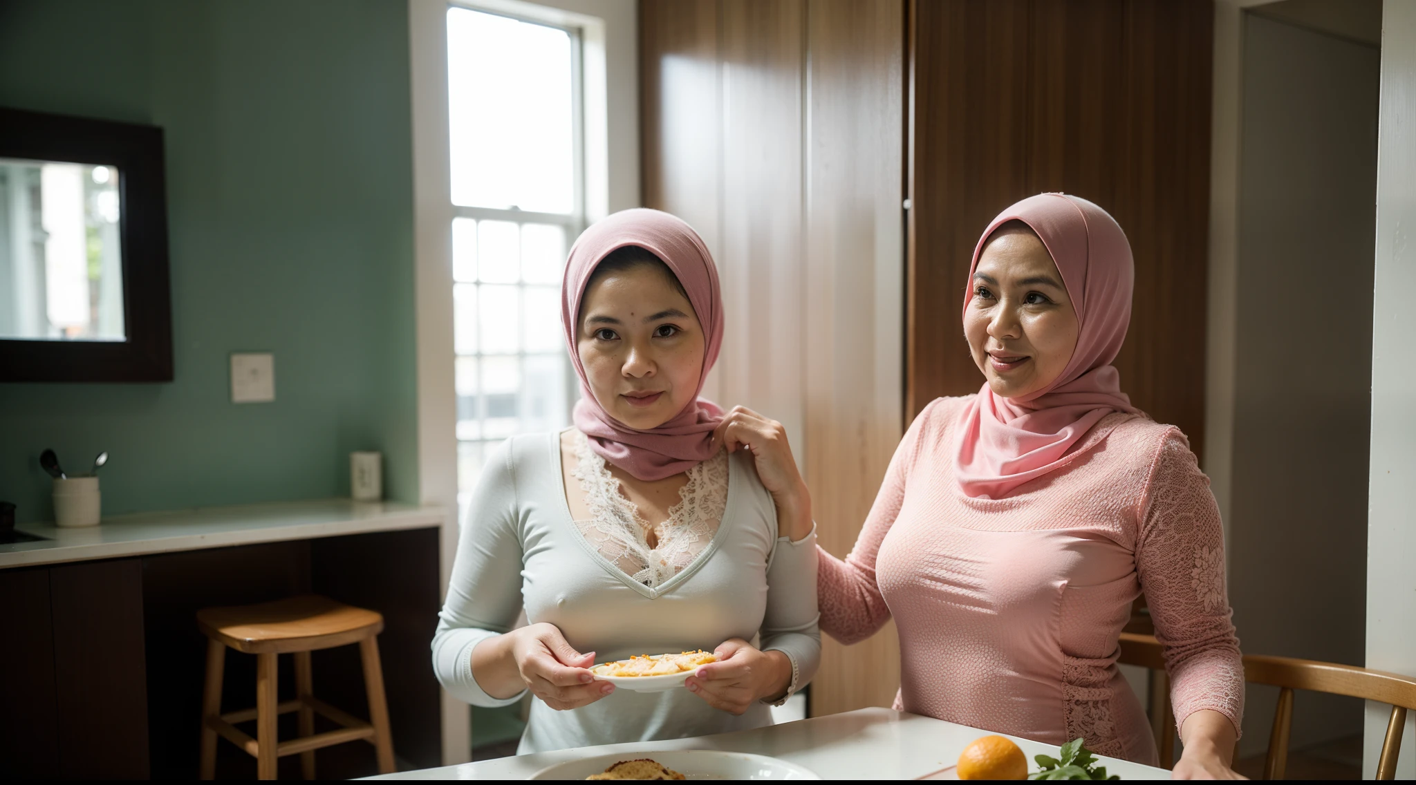 One beautiful matured 50 year old malay women with pastel color hijab cooking breakfast wearing white lace bra and pink leggings , sagging breast, beautiful matured face, mother, side lighting, dark green modern kitchen, dark green kitchen cabinet, malaysian, professional photography,