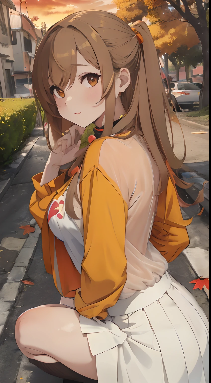 Residential area,Street trees with autumn leaves,Orange sky at sunset,fluffy hair,Light brown hair with green inner color,the eyes are orange,Sexy outfits,White skirt&Coordinate with a see-through top,Light blue, yellow, black and green,Long sleeves with a sense of transparency,Clothes with misaligned shoulders,Hair Band,Squatting on the spot、Turned,Lots of stray cats,Multiple cats are rubbing against my paws,SEX,AHE Face,The back is visible,posterior view,squinted、Give them a happy face,Protruding buttocks,Sexy lips,It has a lustful look,Sleepy face,heart mark,red tide,